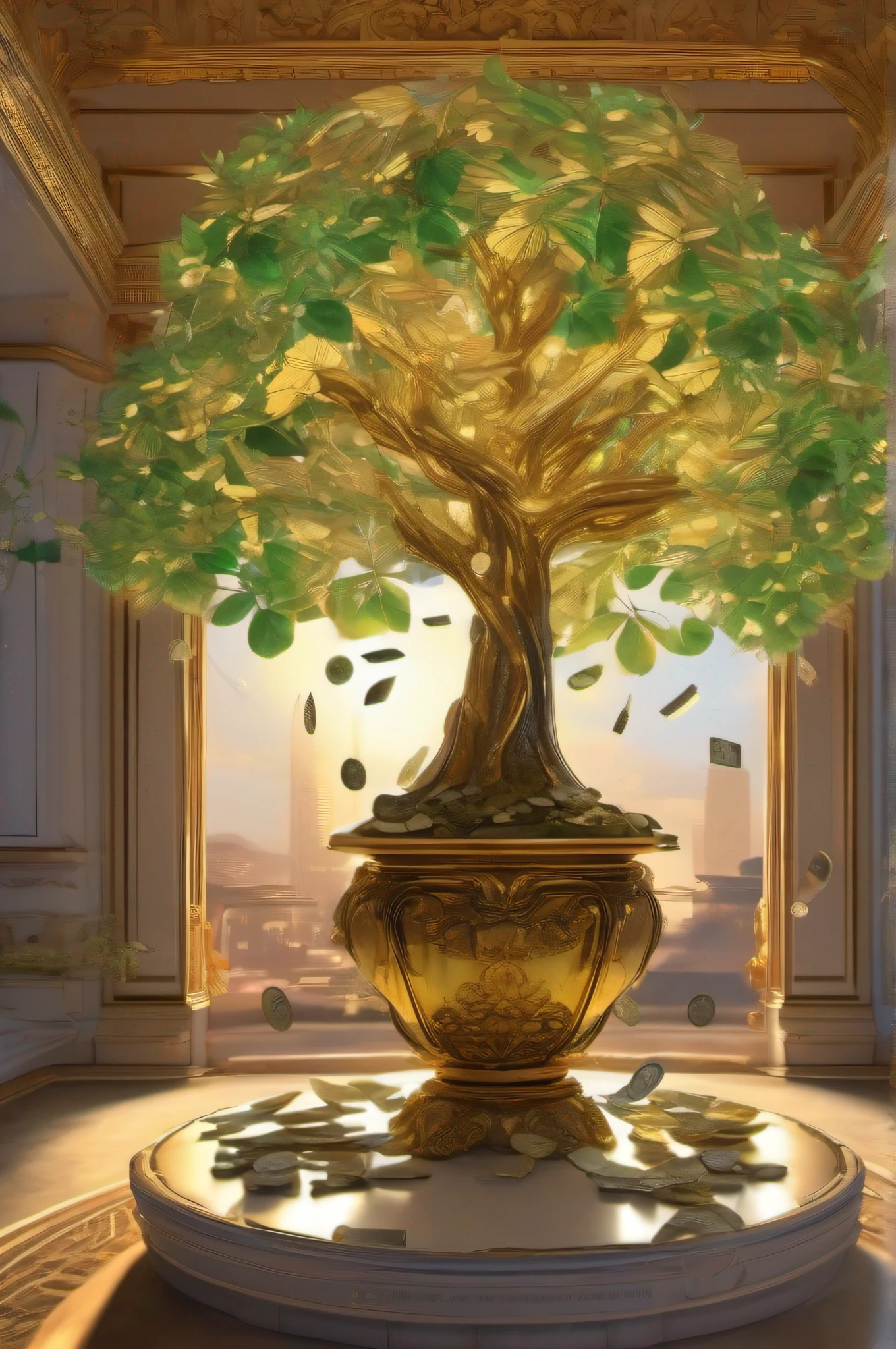 The prompt for generating a Stable Diffusion image of a money tree could be as follows:

"vibrant, detailed illustration of a money tree with golden leaves, shimmering in the sunlight, grown indoors, thriving in a luxurious setting, surrounded by lush greenery, with branches dripping with dollar bills and coins, attracting good fortune and abundance, set against a backdrop of opulence and wealth, in a room filled with expensive art and exquisite furniture, glowing with warm, golden lighting, creating a sense of prosperity and wealth, in a style reminiscent of a classical painting but with a modern twist, emphasizing the richness of colors, capturing the fine details of the leaves and the texture of the currency, with high-resolution and photorealistic quality, showcasing the tree as a symbol of financial success and affluence."