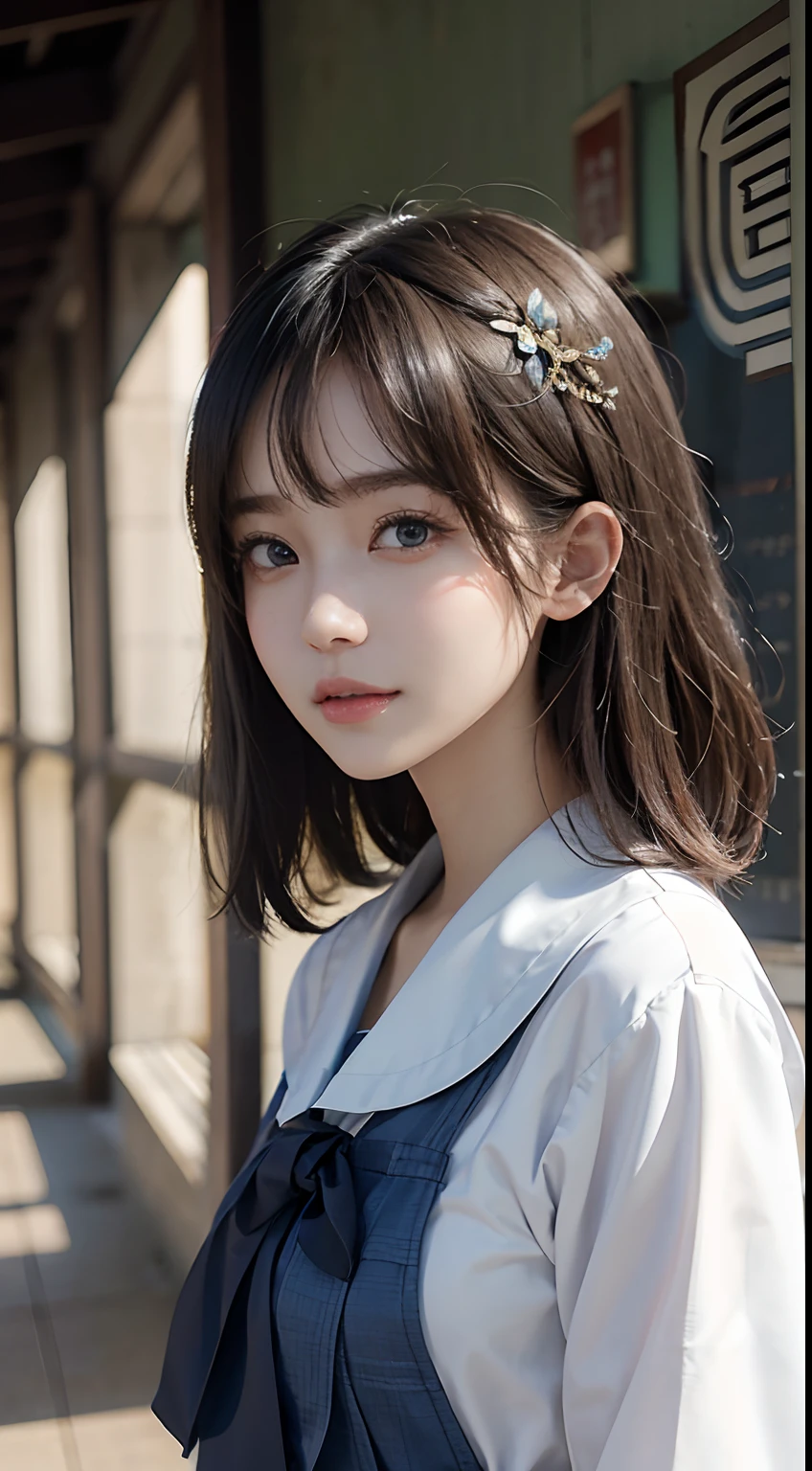 ​masterpiece, 1 beautiful girl, A detailed eye, Swollen eyes, top-quality, 超A high resolution, (reality: 1.4), 电影灯光, japanes, Trendy Korean Cosmetics、a asian beauty, very extremely beautiful, Beautiful skins, A slender, Forward-facing body, (A hyper-realistic), (hight resolution), (8K), (ighly detailed), ( Best Illustration), (beautifully detailed eyes), (ultra-detailliert), (wall-paper), 详细的脸, Bright lighting, Professional Lighting, looking at the viewers, Facing straight ahead、Long Bob、Neat and clean clothing、background slightly blurred、Hair color is white、Hair color is partially bright blue、Japanese high school  girl、School Uniforms、Amazing smile、Eye color is brown、