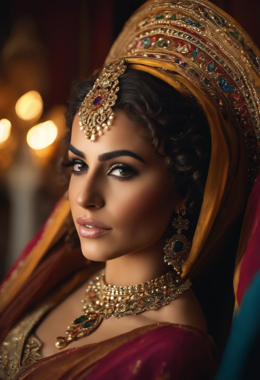 arabic queen with curly hair and lots of middle eastern arab accessories, detailed arab accessories, lots of colorful traditional arabic lights , traditional arab clothing and accessories, everything is beautiful, everything is unique, everything is gorgeous (best quality) , (best visuals) , serious facial expression