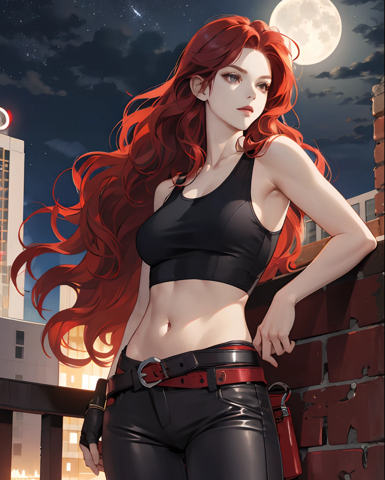a cool,20th generation female,long red wavy hair,Leather Tight Pants,a belt,Navel Ejection,Tank Tops,glareing,With keen eyes,realistic illustration,On top of the building,nighttime scene,a moon