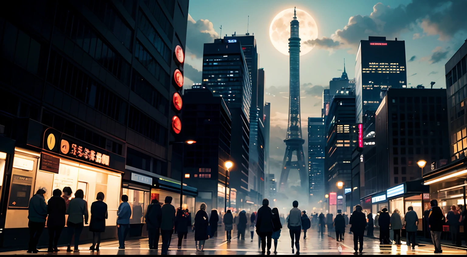1boys, arms folded、vests、full body shot of、The beginning of the adventure、Very dark sky、Lots of clouds,dense fog、large moon,future、dystopian、A group of very tall skyscrapers stands in the center、High brightness radio tower、Crowded skyscrapers、Signs、the street lights、taxis、Train、Very dim blue lighting、The Dark Road、Puddles、high high quality、masutepiece,8K,