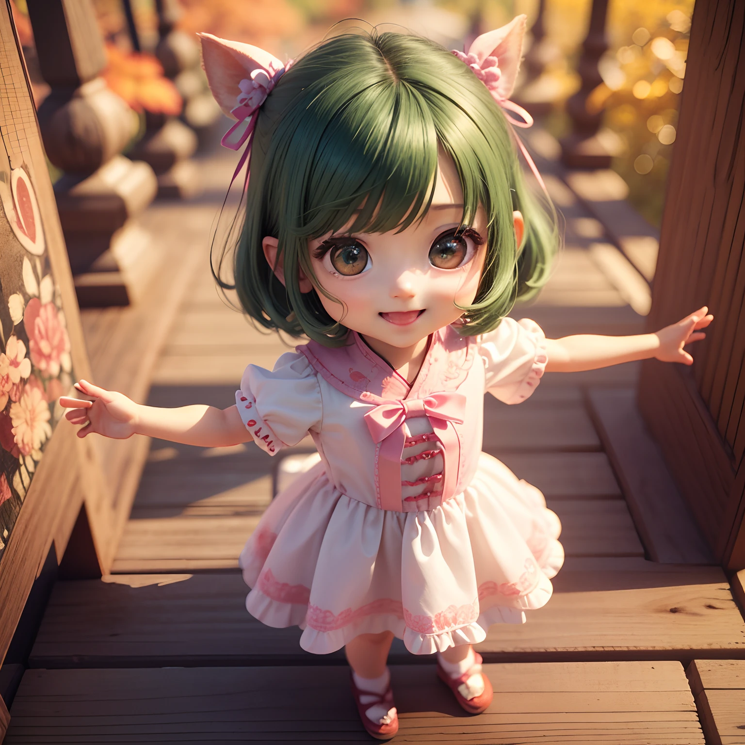 Cute Chibi Anime、(((Chibi 3D))) (Best Quality), (masutepiece)、Chibihime、Open your mouth and smile、a small face、petibody、Dark green hair color、(Bruce Chinoiserie:1.4)、Blue pin heel with ribbon、Standing、Fairytale autumn forest (tchibi:1.1)