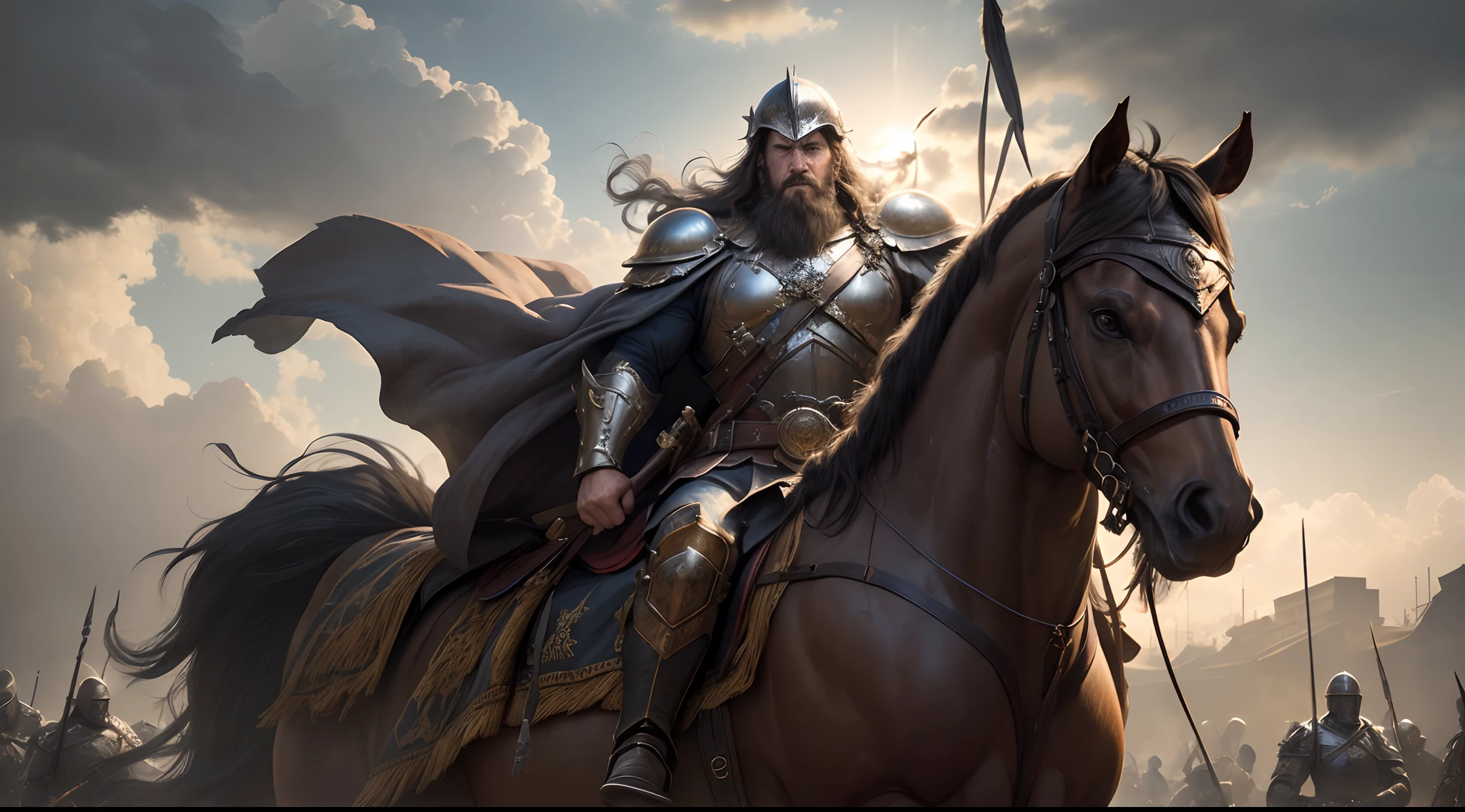 (best quality,4k,8k,highres,masterpiece:1.2),ultra-detailed,(realistic,photorealistic,photo-realistic:1.37),biblical warrior,35-year-old man,faithful depiction,strong,war garments,bearded man,weathered face,muscular physique,sword in hand,ancient setting,dusty battlefield,glowing halo,powerful stance,tattered flag in the background,victory and determination,rays of sunlight piercing through the clouds,epic composition,divine intervention,dark and moody atmosphere,vivid colors,steel armor reflecting the light,rippling muscles,expression of raw power,heroic proportions,ornate helmet,golden trim,engraved shield,historical accuracy,exquisite details,accurate representation,epochal battle,wisdom and courage,solemn expression,embodying strength and valor,strong contrast between light and shadow,dramatic lighting,elevated perspective,dynamic pose and movement,heroic aura,meticulous brushwork,every stroke conveys emotion and intensity,awe-inspiring artwork,impeccable artistic skill.