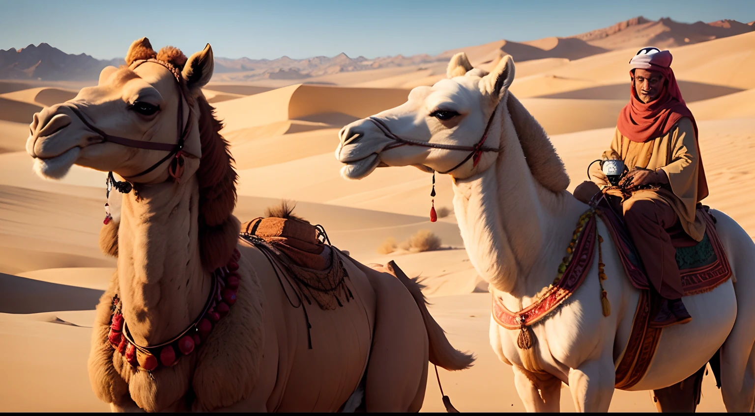 two camels in the arabian desert, an old camel, a young camel