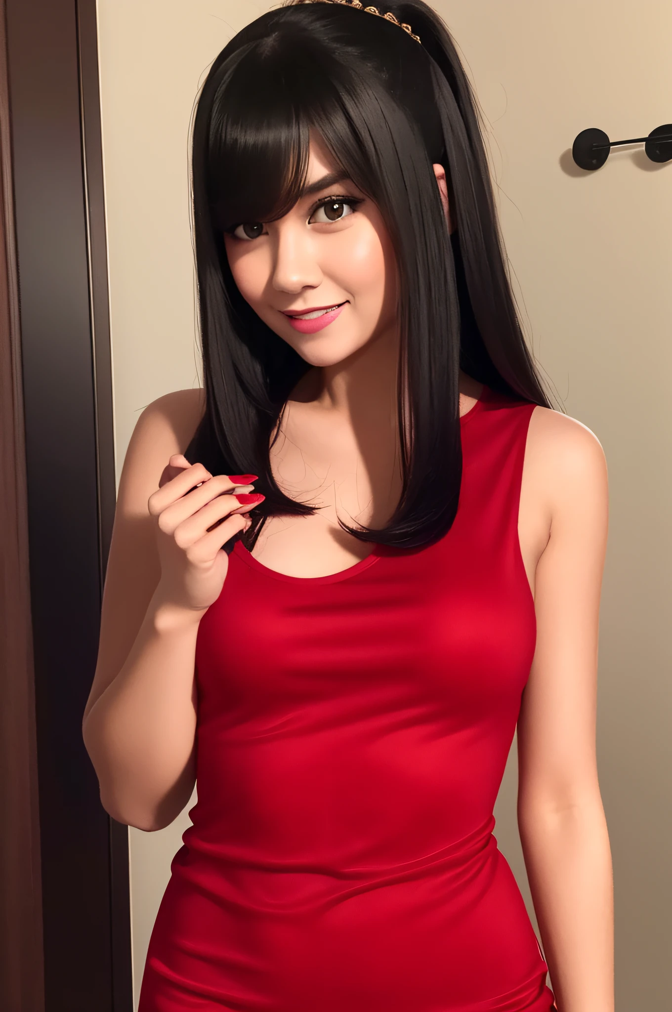 minidress, stylish, long black bangs hair, glare expression, smile, staring intently, red nails, photorealistic, masterpiece, bedroom, body slim, beautiful