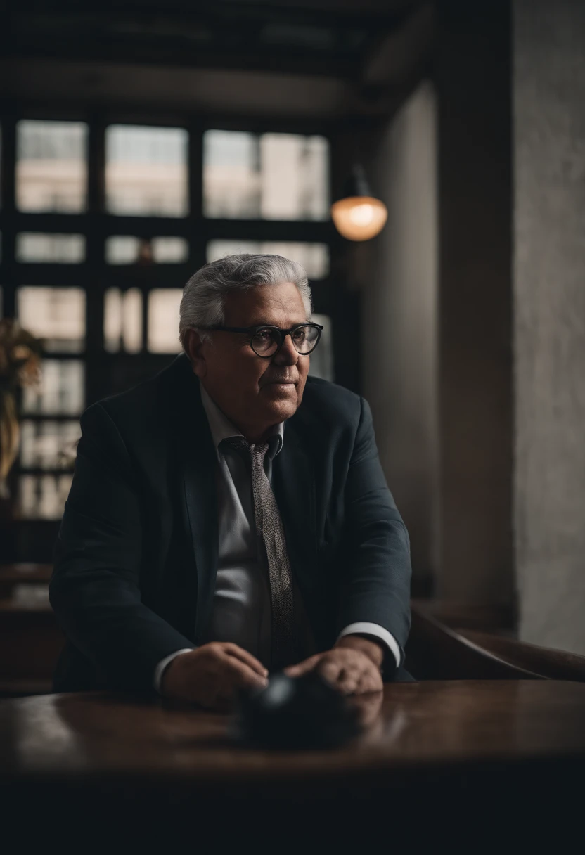 Portrait of a fat Brazilian gentleman of 170cm in height, 55 years old, with glasses and gray hair, showing great tranquility in seeing in the background the building with 7 floors being consumed in fire