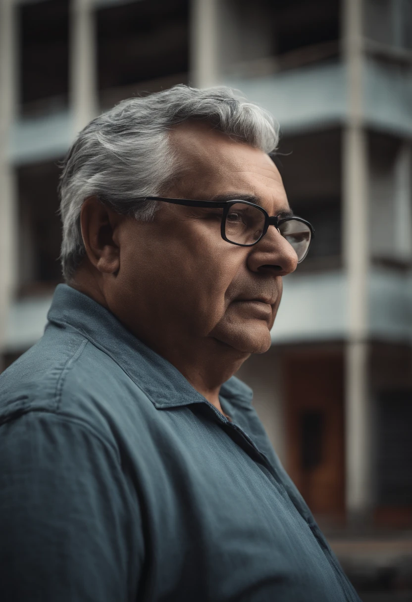 Portrait of a fat Brazilian gentleman of 170cm in height, 55 years old, with glasses and gray hair, showing great tranquility in seeing in the background the building with 7 floors being consumed in fire