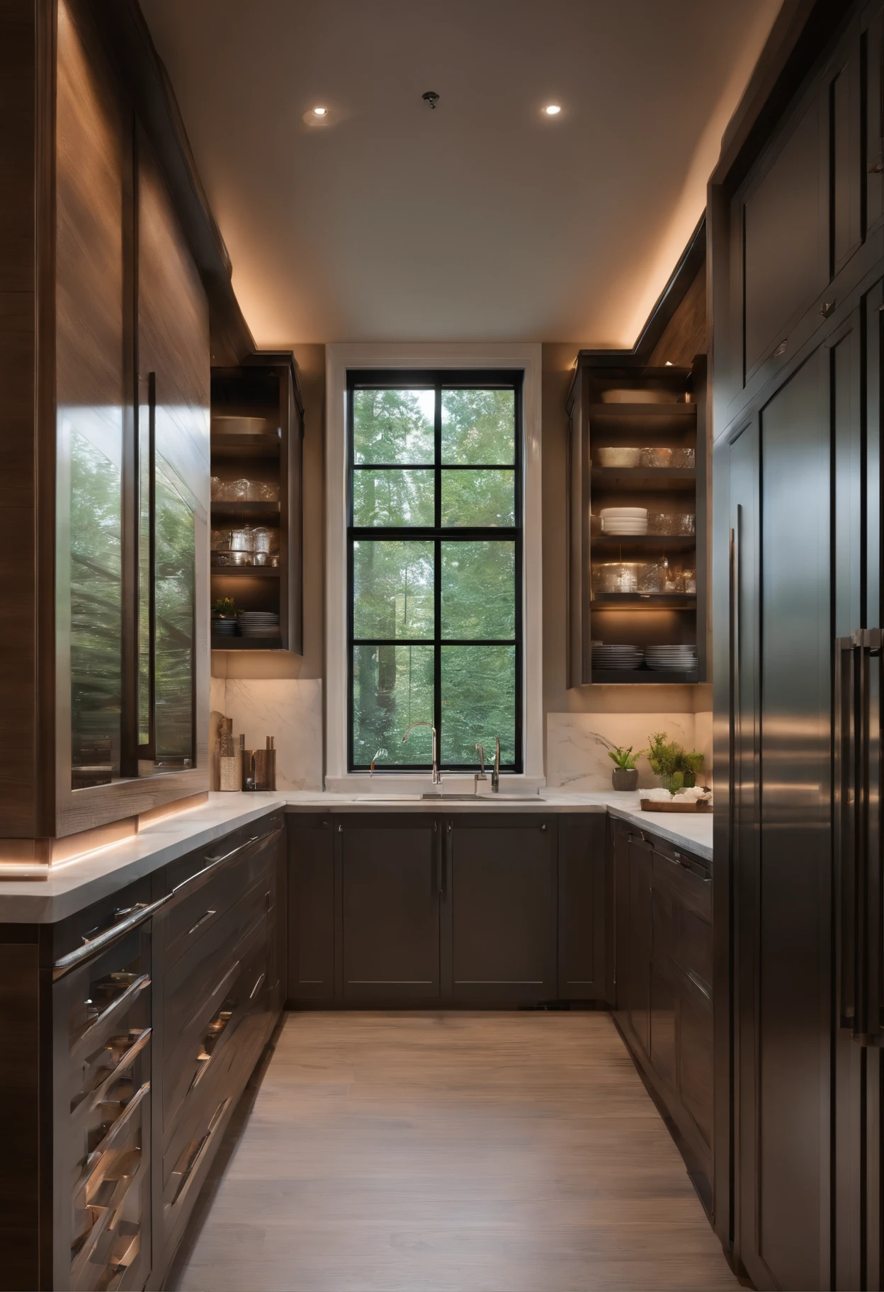 Modern kitchen,Gorgeous renovation,refrigeratory,cupboard,wide scene,in a panoramic view,from the outside, nffsw, high details