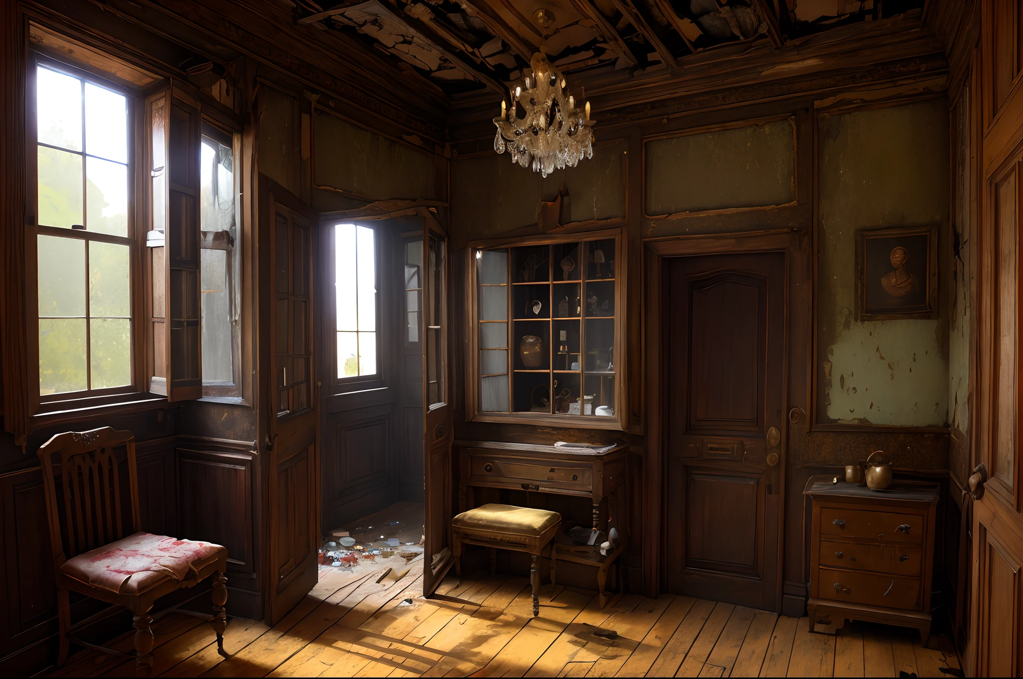 (a)horror,mysterious,old house,inside,wooden stairs,(best quality,4k,8k,highres,masterpiece:1.2),ultra-detailed,(realistic,photorealistic,photo-realistic:1.37),dark atmosphere,cobwebs,dusty furniture,creaky floorboards,creeping shadows,hauntingly quiet,eerie whispers,subtle flickering candlelight,sinister portraits,hidden doorways,hidden treasures,antique objects,sudden drafts,echoing footsteps,dripping water,spiderwebs(adjacent rooms,hidden cellar,cold air,locked doors,neglected garden,cracked windows,disarray,rusted keys,shattered glass,stained walls,cobweb-choked chandeliers)