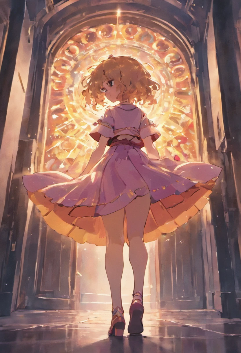 uma menina, de costas, looking behind, wearing flowing skirt, mostrando a bunda, see ass through the skirt, olhos amarelos, olhos brilhantes