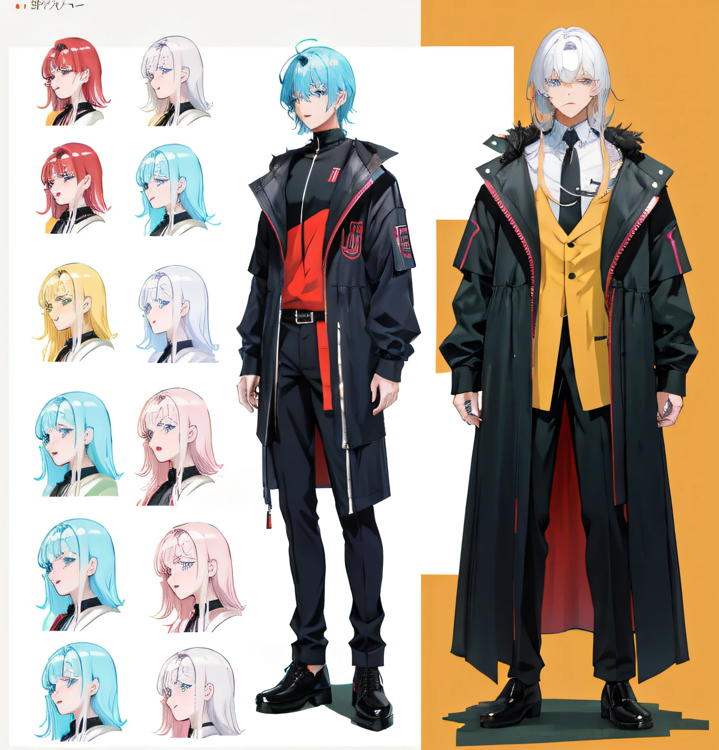 ref sheet, estilo de tinta colorida chinesa, melhor qualidade, saturation wing, pintura colorida, ar conceitual do personagem, , alto, roupa jaqueta aberta, design de personagem de corpo inteiro, anime character reference sheet, design de personagem masculino, design detalhado de personagem, corpo extremamente detalhado, roupa branca com dourado, cabelo rosa claro, cabelo curto