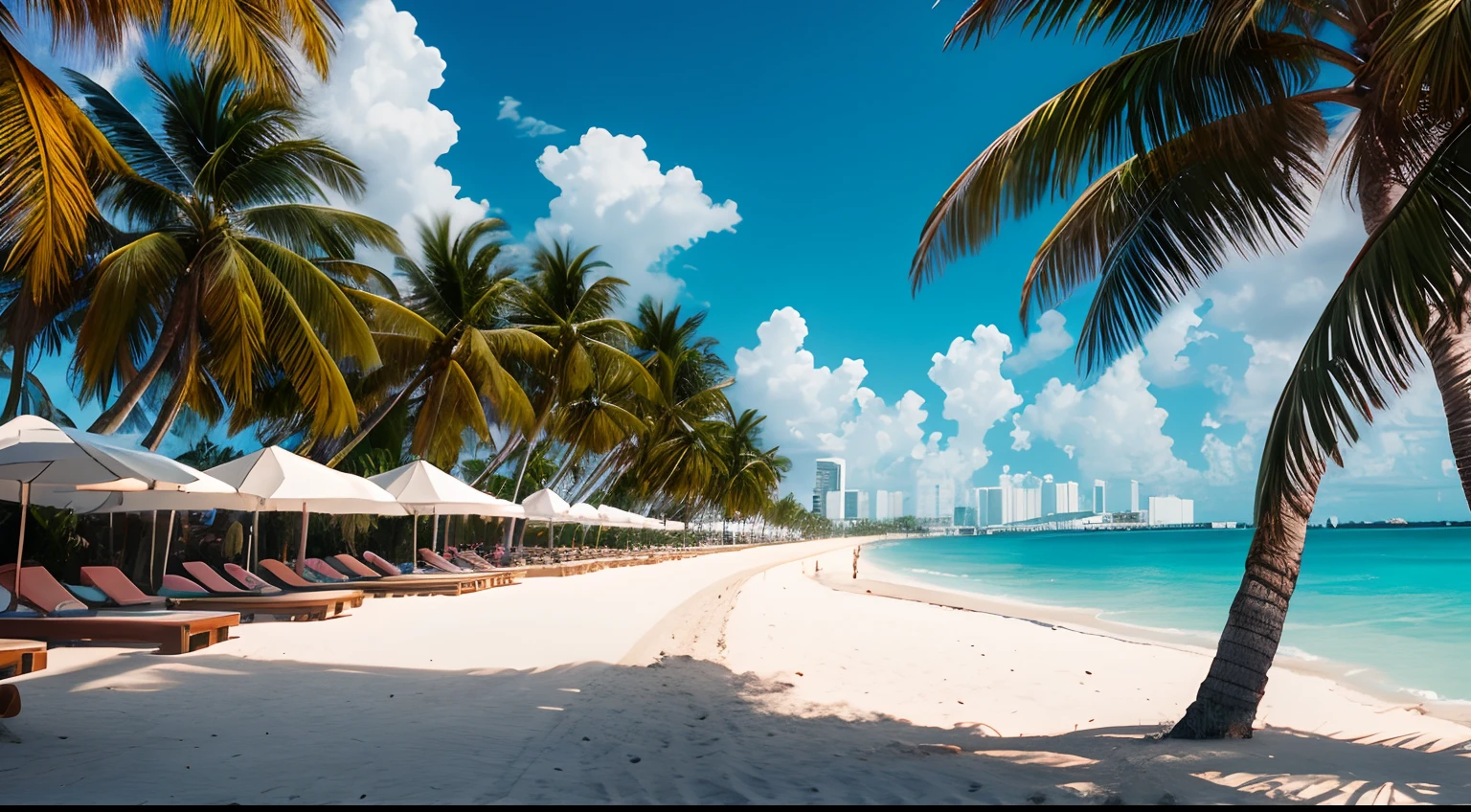 miami city, day, beatch at backgroungs, lots of palmtrees, intricated details, 8k