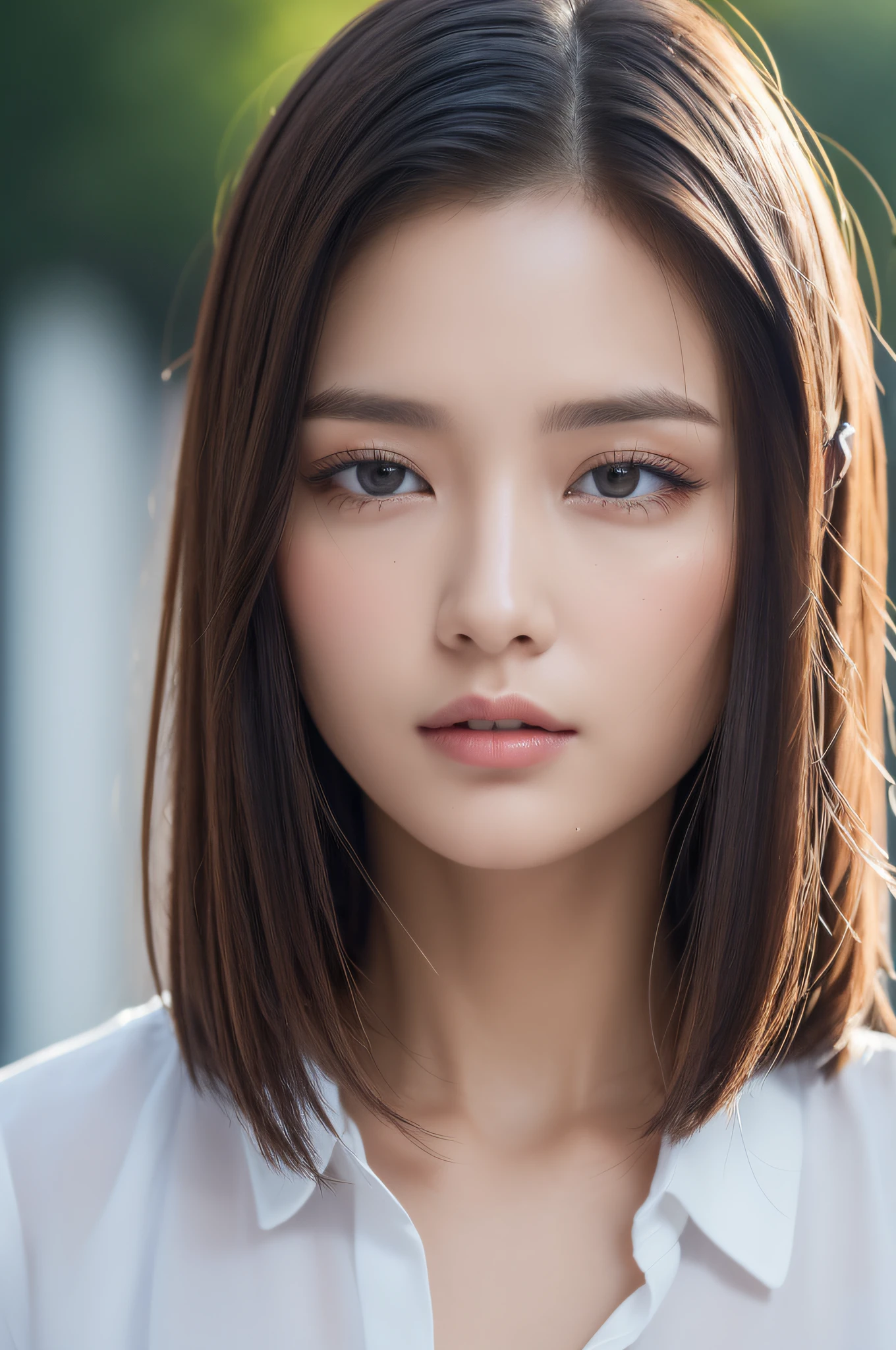 ((Best Quality, 8K, Masterpiece: 1.3)), Sharp: 1.2, Perfect Body Beauty: 1.4, Slim Abs: 1.2, ((Layered Hairstyle, Big Breasts: 1.2)), (Wet White Button Long Shirt: 1.1), (Rain, Street: 1.2), Wet: 1.5, Highly detailed face and skin texture, detailed eyes, double eyelids, side face looking at the camera