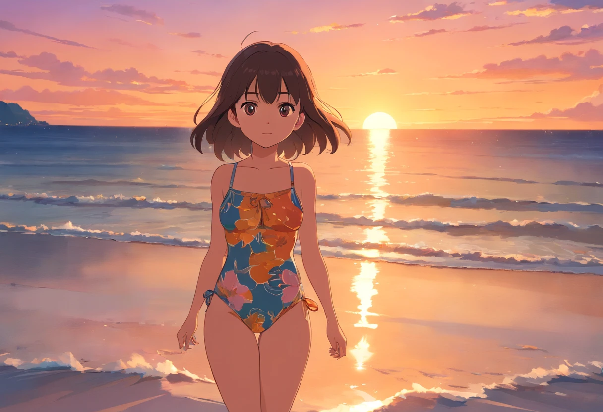 A fit girl, small girl, on swimwear on the beach, sunset, dramatic lighting, warm,