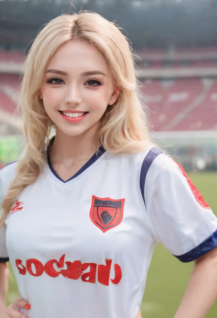 ((Best quality, 8k, Masterpiece: 1.3)), photo, Sharp focus: 1.2, Cute beautiful woman with perfect body: 1.4, Slim big breasts: 1.2, ((Blonde hair, )) , (wearing a soccer uniform, Happy expression, laying on the field: 2), ((on the soccer stadium: 1.3 making with the female being the main focus)), Highly detailed face and skin texture, Detailed eyes, Double eyelid
