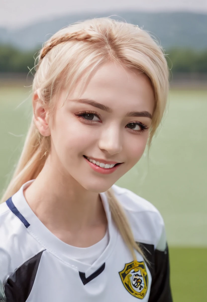 ((Best quality, 8k, Masterpiece: 1.3)), photo, Sharp focus: 1.2, Cute beautiful woman with perfect body: 1.4, Slim big breasts: 1.2, ((Blonde hair, )) , (wearing a soccer uniform, Happy expression, laying on the field: 2), ((on the soccer stadium: 1.3 making with the female being the main focus)), Highly detailed face and skin texture, Detailed eyes, Double eyelid