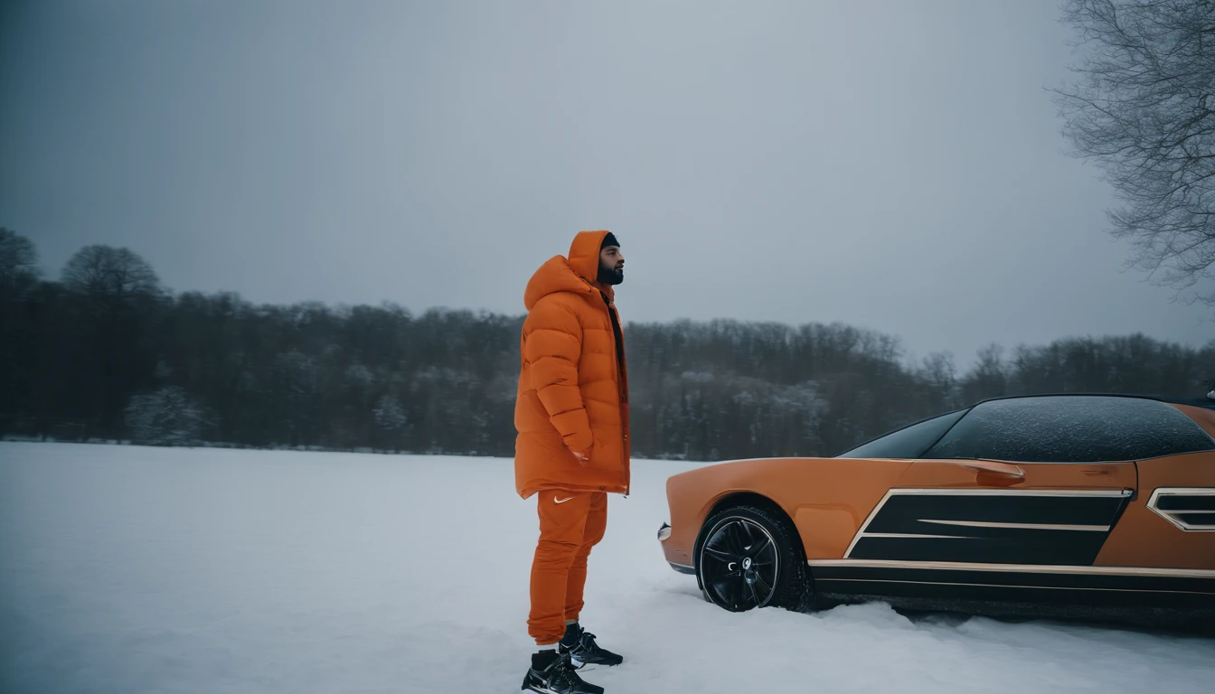 DRAKE, the rapper, 8k, wearing a nocta puff jacket, orange, orange outfit, super puff, winter cloths, nike, nike and nocta sneakers, nike simbols averywhere, snow, snowing