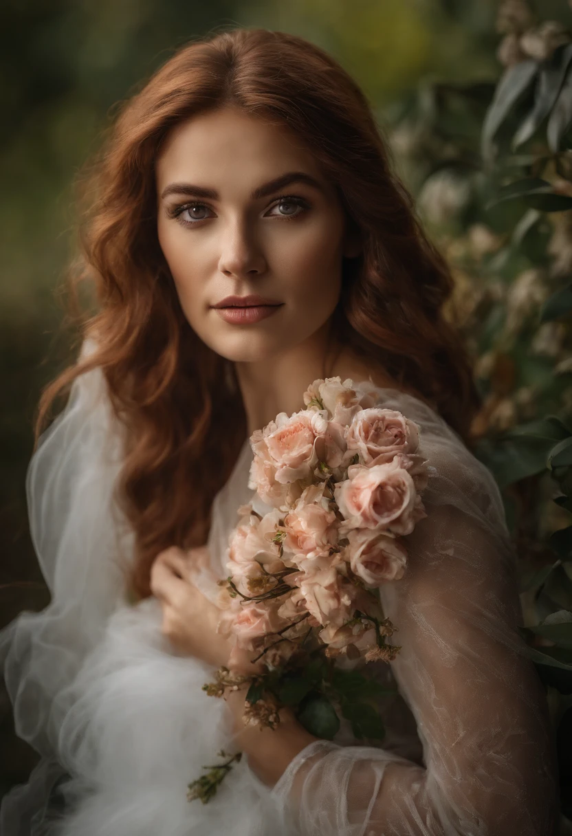 Realistic portrait, young  woman, Photo Session, Photo Studio, Cinematic lighting, Retrato americano, vertical, professional camera, vestido decotado, vestido com flores, imagem detalhada, redhead, maquiagem macia, coffee shop, high-definition picture, Ultra-alta qualidade, Improve skin texture for a natural and realistic appearance, Adicione detalhes intrincados aos olhos, highlighting iris colors and reflections, Specify the desired level of skin retouching or airbrushing for a flawless and natural look