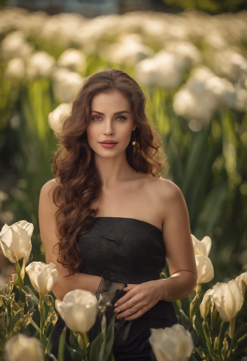 Realistic portrait, young woman, Photo Session, Photo Studio, Cinematic lighting, Retrato americano, vertical, professional camera, vestido decotado, vestido com flores, imagem detalhada, redhead, maquiagem macia, coffee shop, high-definition picture, Ultra-alta qualidade, Improve skin texture for a natural and realistic appearance, Adicione detalhes intrincados aos olhos, highlighting iris colors and reflections, Specify the desired level of skin retouching or airbrushing for a flawless and natural look