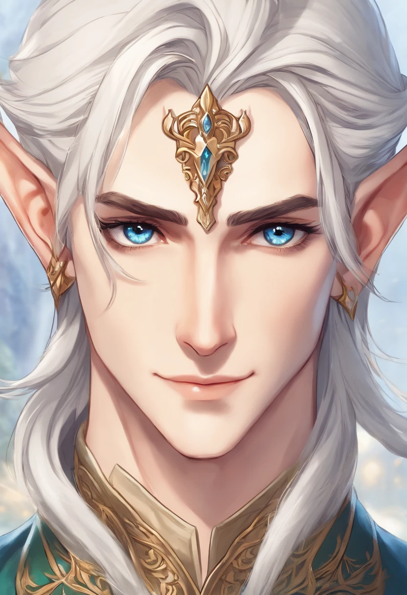 a young, silver-haired, bright-eyed elf with blue eyes,
dungeons and dragons character, Standing portrait of an elf king, elf prince, handsome and elegant elf king,
Elf prince, Elf centered, He has elf ears and golden eyes., Very handsome elf standing portrait, Handsome and elegant male elf,
Elven character with smile, A portrait of an elf