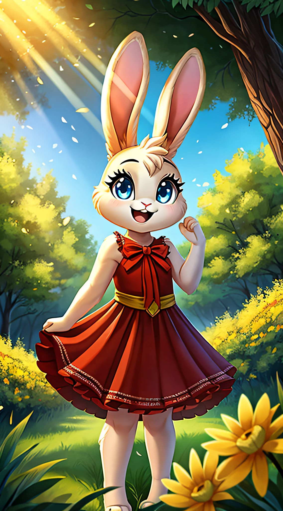 zoomed out image, fantasy style art, cute, adorable, short character, small, tiny little fluffy female child white bunny with blue eyes, 4 ears, 2 extra ears, big floppy ears, long ears, ears perked up, raised ears, long eyelashes, poofy rabbit tail, wearing a red frilly ribbon dress, smiling, standing in a forest with monarch butterflies, big expressive smile, open mouth, wide eyes, excited eyes, excited face, stunning visuals, sunlight coming through the trees, yellow flowers scattered in the bushes, digital illustration