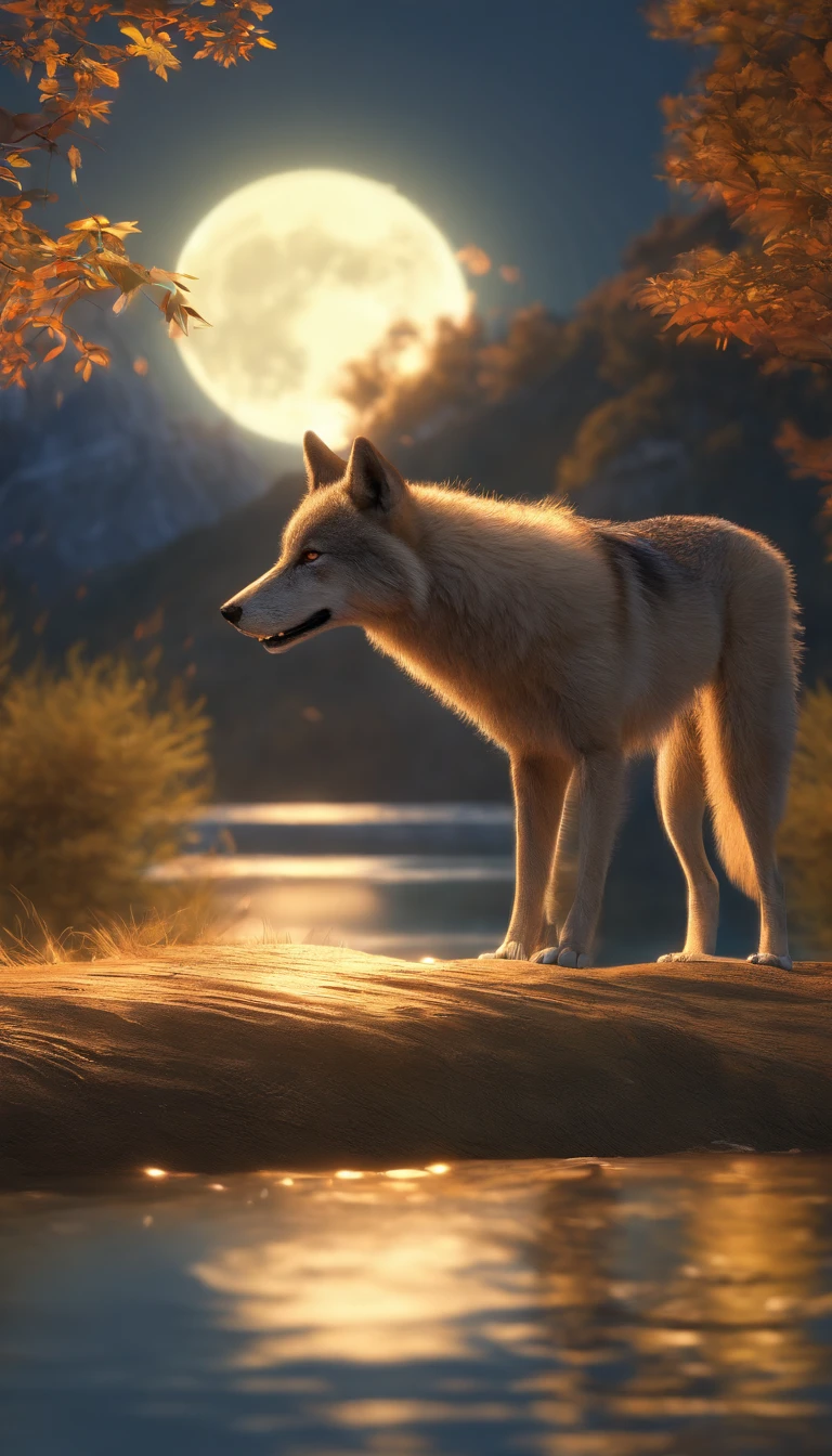 "Produce a high-resolution image (4K) que retrate um lobo em meio a uma densa selva noturna, with the bright full moon rising behind him. O lobo deve estar em uma pose realista, uivando para a lua. Pay special attention to the ultra-realistic details of the wolf, capturando sua pelagem, eyes and expression vividly and impressively. The scene should convey the sense of mystery and majesty of this moment in nature."