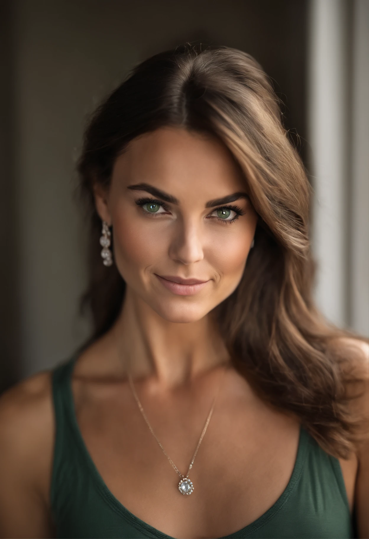 Arafed woman with a white tank top and necklace, fille sexy aux yeux verts, Portrait kate middleton, cheveux bruns et grands yeux, selfie of a young woman, Yeux de chambre, Violet Myers, sans maquillage, maquillage naturel, looking straight at camera, Visage avec Artgram, Maquillage subtil, stunning closeup-headshot, piercing green eyes