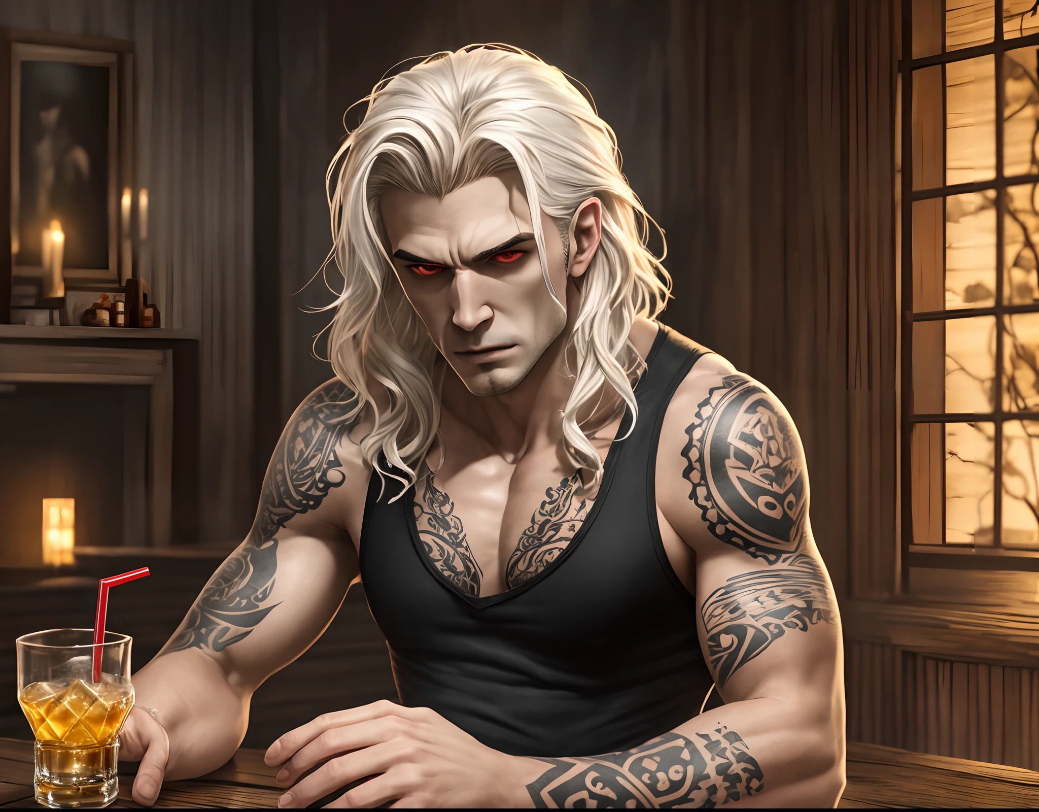 Describe an 8K high-definition image depicting a pale vampire. He wears a black tank top that accentuates his pale complexion and the glowing golden tattoos running down his arms. The vampire has a face marked by stubble, with a square jaw, creating a mysterious and virile appearance. His medium-length wavy hair falls disheveled over his forehead.  The image should highlight details of the vampire's clothing, such as the wrinkles in the black tank top and the texture of the golden ink in his arm tattoos. He is in a wooden room, where weathered wooden panels create a welcoming yet somber atmosphere. The vampire holds a glass of vodka in one hand, with the drink gleaming in the dim light of the surroundings.  The scene captures the duality of the vampire, combining his pale and supernatural nature with earthly elements like alcohol and the aged wooden environment --auto --s2