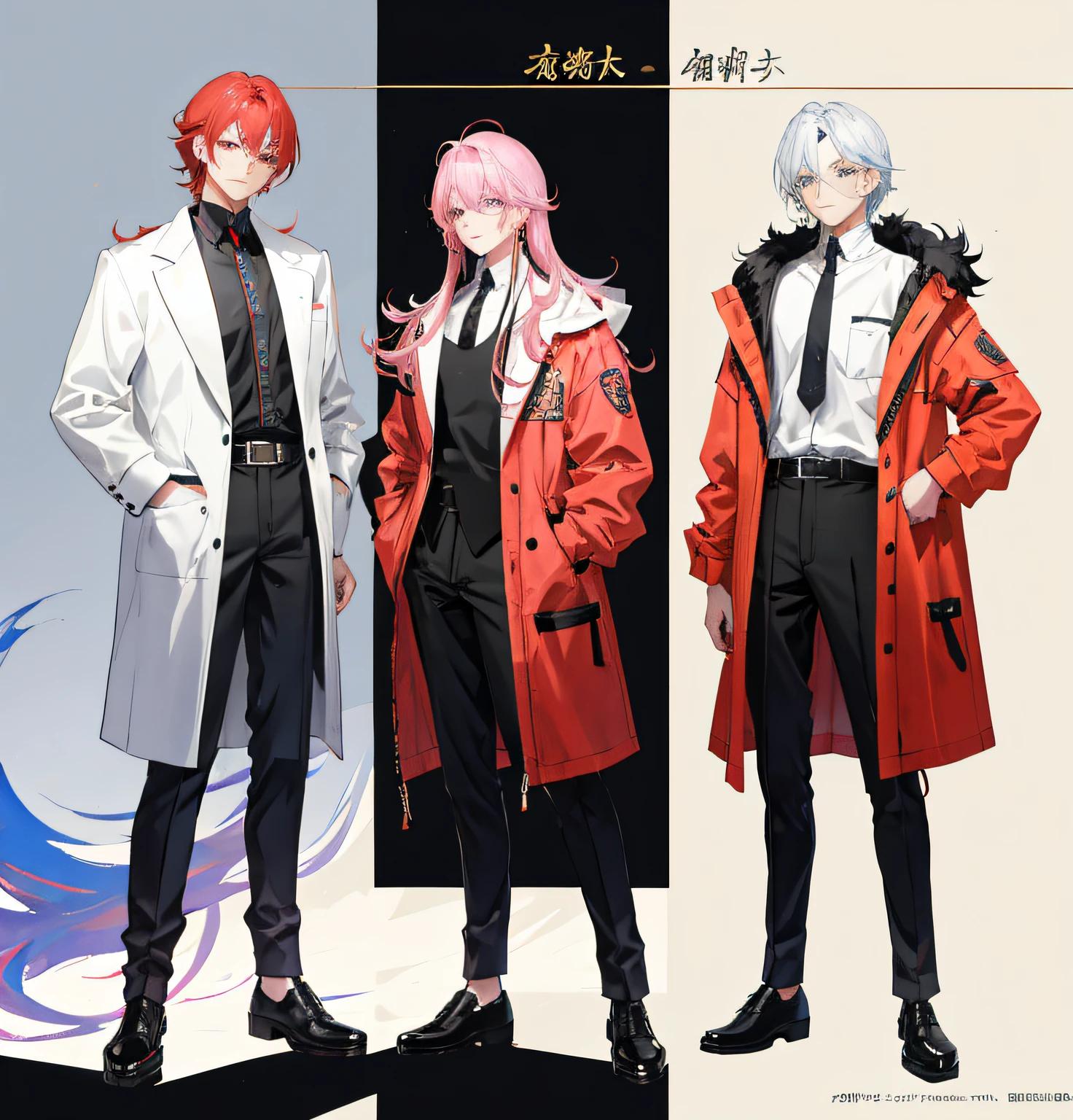 ref sheet, estilo de tinta colorida chinesa, melhor qualidade, saturation wing, pintura colorida, ar conceitual do personagem, menino, alto, roupa jaqueta aberta, design de personagem de corpo inteiro, anime character reference sheet, design de personagem masculino, design detalhado de personagem, corpo extremamente detalhado, roupa branca com dourado, cabelo rosa claro, cabelo curto