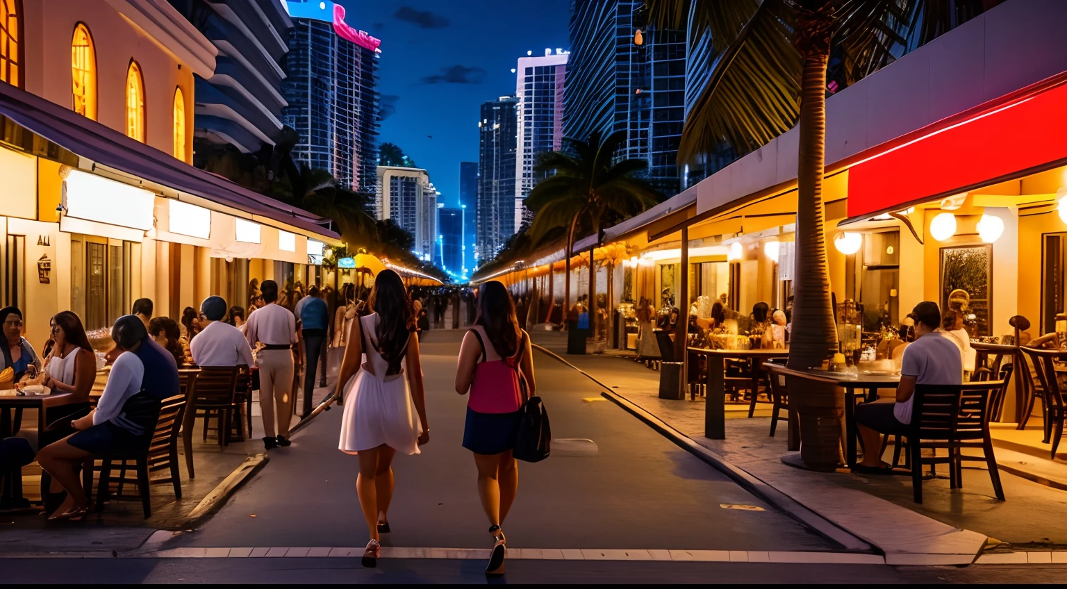 miami city, night, streets, tropial restaurants at background, beautiful latin women praising