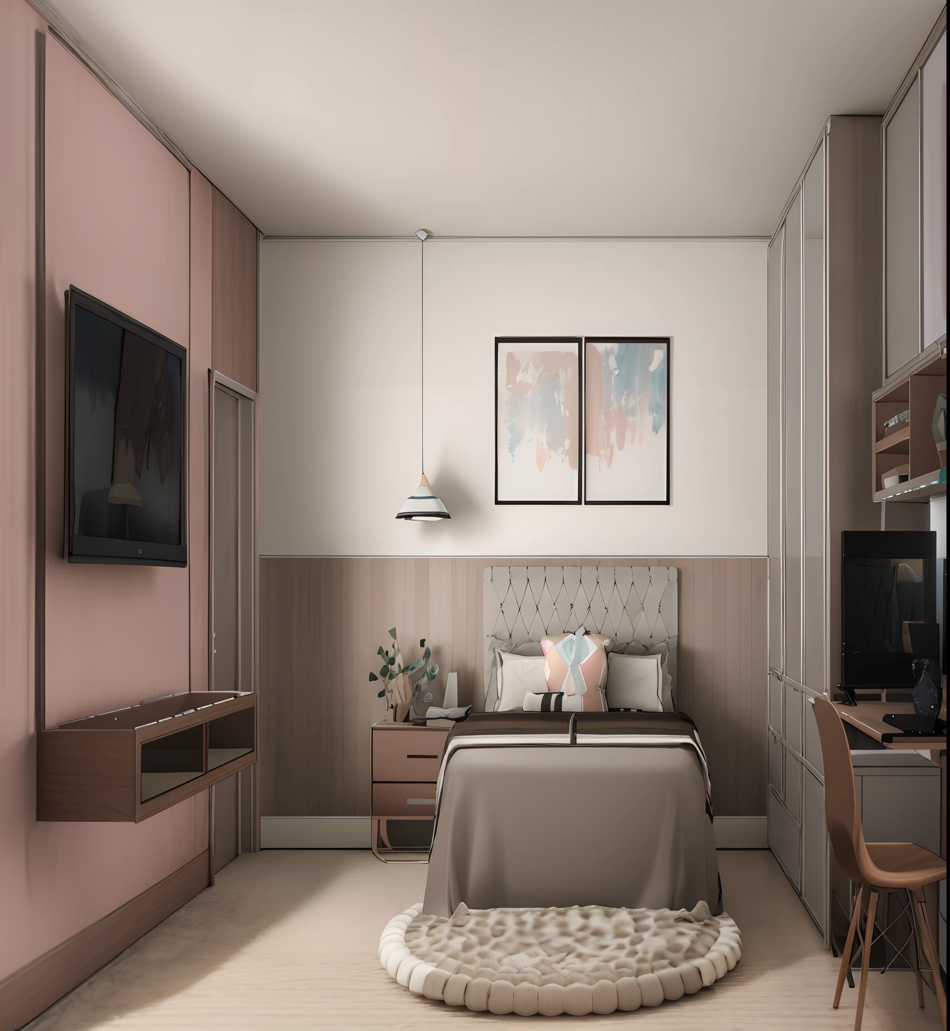 Vista arafed de um quarto com uma cama, mesa, and television, dentro de um quarto MENINA, renderizado no enscape, 2 d render, interior do quarto, Apartamento 2 D, quarto de cama, Interior do quarto, Quarto pequeno, enscape render, Quarto pequeno, Quarto escuro, Design de interiores, 3 d renders, quarto, digital render, 3D-rendering, 3D rendering