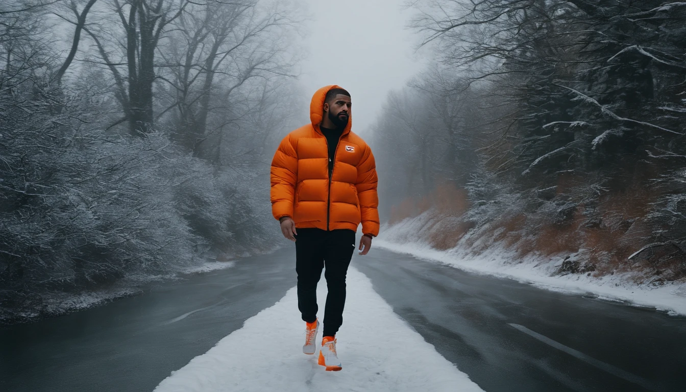 DRAKE, the rapper, 8k, wearing a nocta puff jacket, orange, orange outfit, super puff, winter cloths, nike, nike and nocta sneakers, nike simbols averywhere, snow, snowing. NIKE LOGOS, NOCTA LOGOS. ORANGE SNOW. ORANGE EVERYTHING
