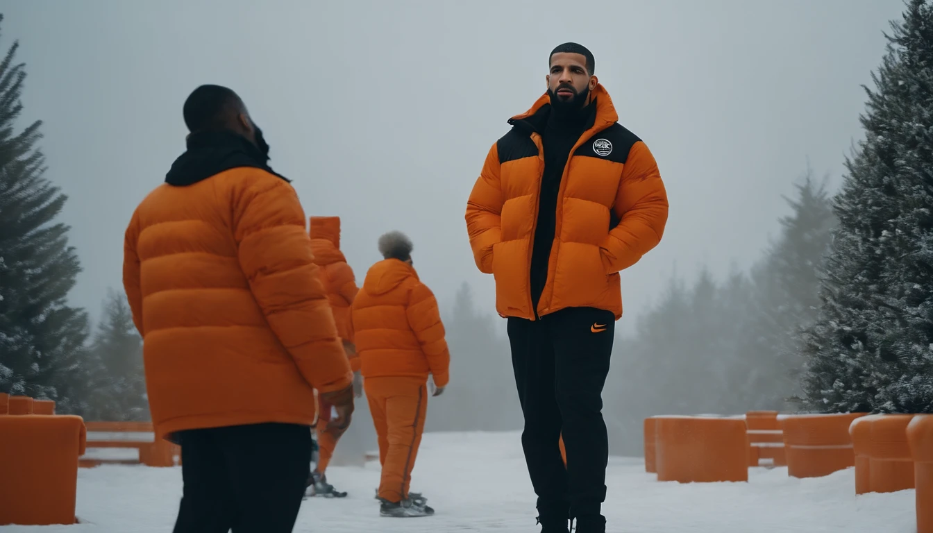 DRAKE, the rapper, 8k, wearing a nocta puff jacket, orange, orange outfit, super puff, winter cloths, nike, nike and nocta sneakers, nike simbols averywhere, snow, snowing. NIKE LOGOS, NOCTA LOGOS. ORANGE SNOW. ORANGE EVERYTHING