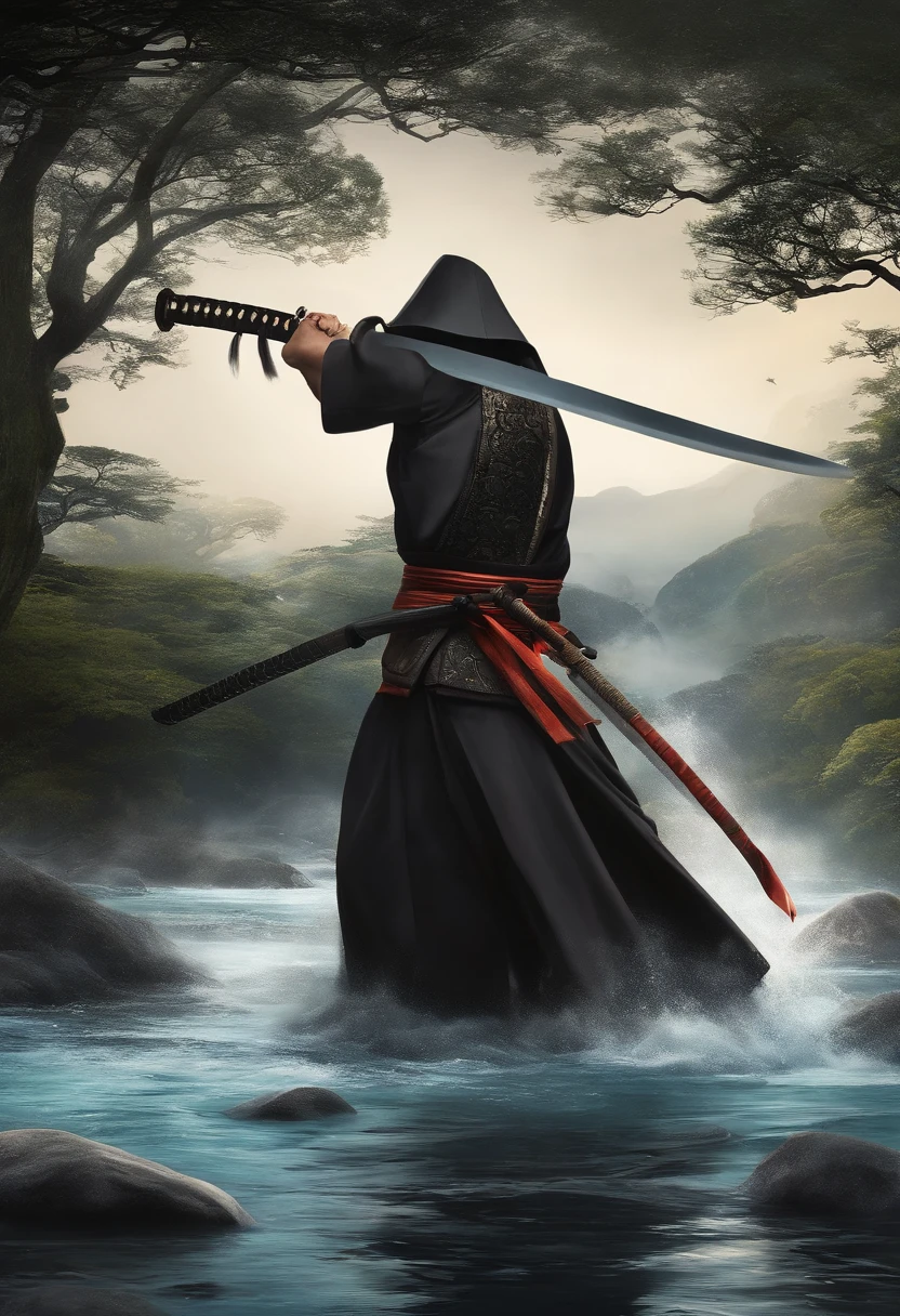 (Morte jogo homem vs mulher).Close-up of an abstract samurai cutting water with his katana,cabelo preto longo com uma cicatriz na testa de um corte,homem adulto bonito,barba curta,Appreciation of shovels and tranquility flowing like water,Mestre com a Espada,Samurai com quimono preto,Espada super afiada e brilhante,sob uma cachoeira,Cachoeira com pedras e um rio,Estilo anime,graphic art,alta qualidade,highes definition,obra prima,Qualidade de desenho profissional,Muitos detalhes,cores definidas,linhas grossas,