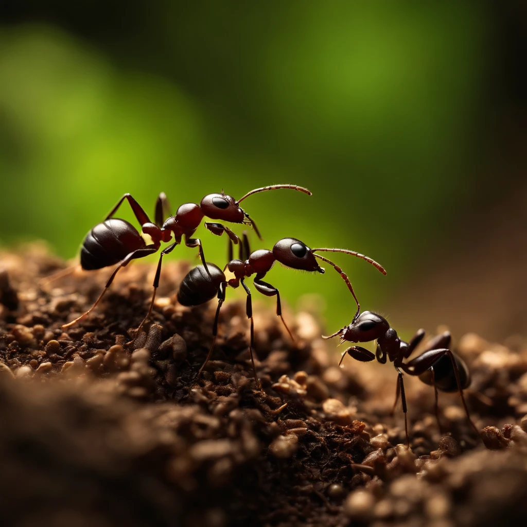 Ants standing on an anthill in the forest.(formigas, assustadas)