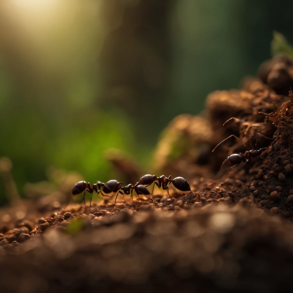 Ants standing on an anthill in the forest.(formigas, assustadas)