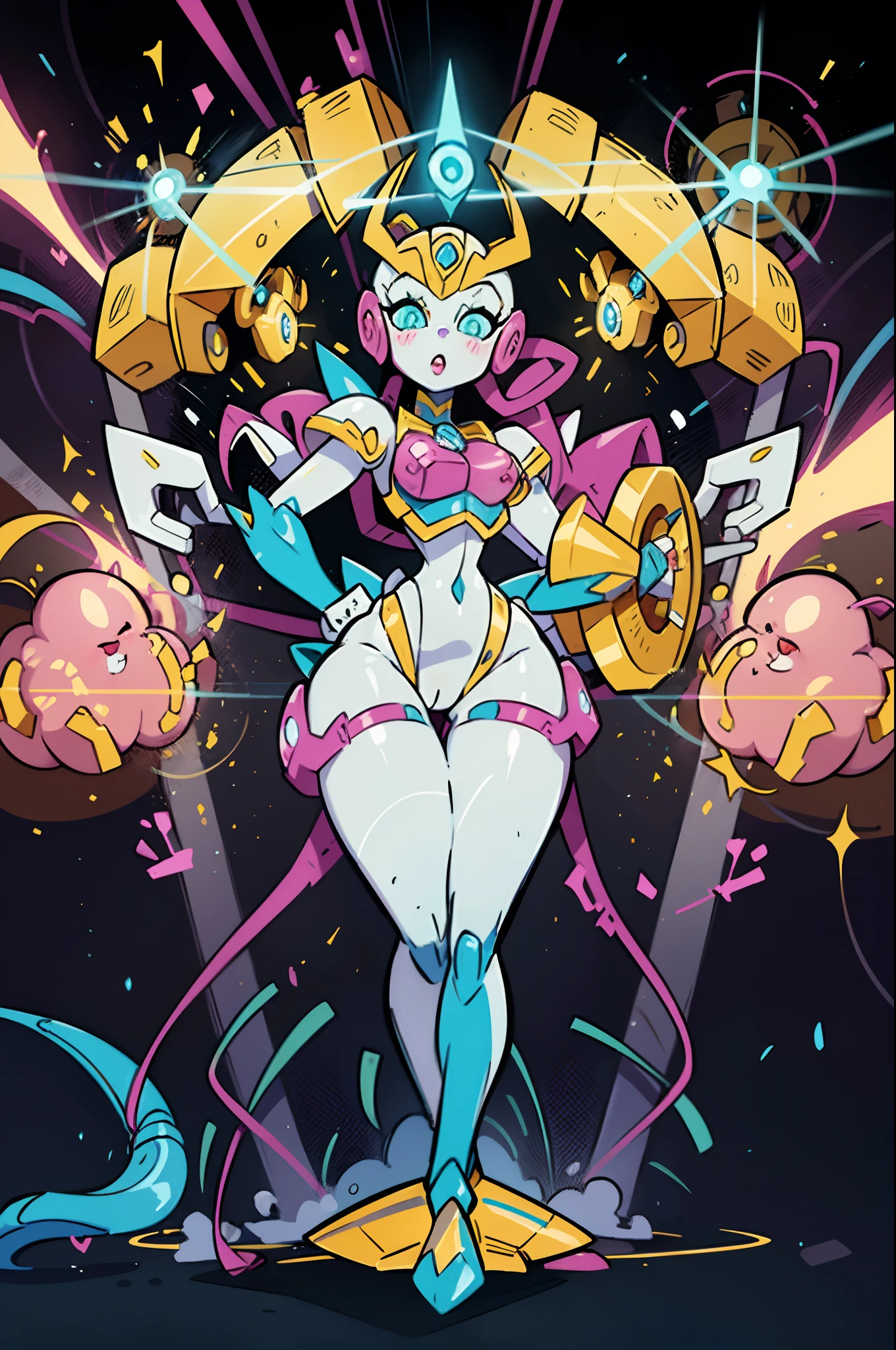 Cartoon photo of woman in yellow and white costume, hot robot humanoid woman, Guyver style, SFW version, seductive figure, scarab reploid, bellows tail, cel shade adult animation, alien queen, serpentine pose, sexy toon, very cute face, shiny eyes