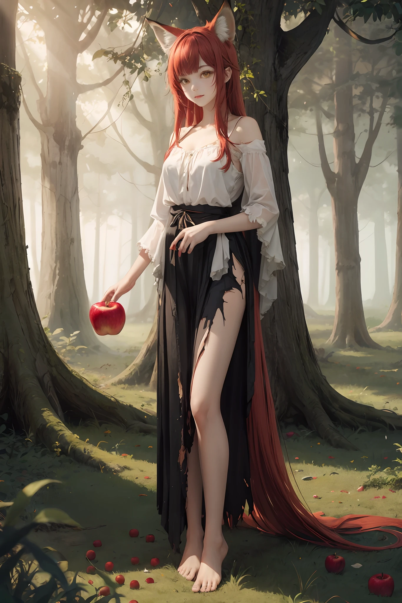 A hybrid girl with fox ears, long red hair with bangs, medieval attire, a fox tail, large shining yellow eyes, and tan skin. She is barefoot and wearing a tattered, torn ruffled skirt and an old, dirty blouse. In her hands, she holds a red apple. The scene is set in a forest with an immense ancient tree in the background, with dim lighting.