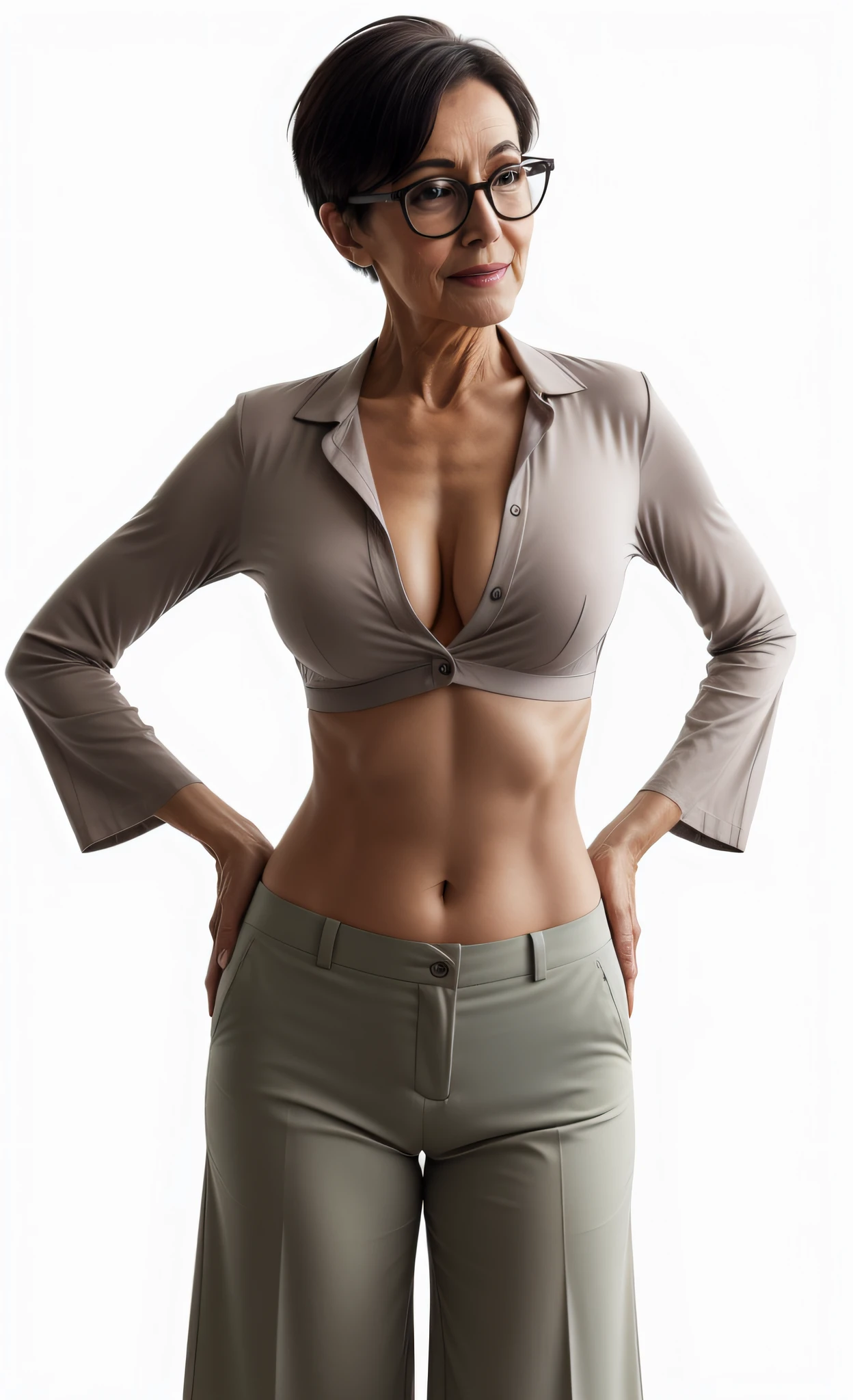 overly succinct clothed bespectacled cheeky aged elderly older mature nerd self-confident lady boss brazenly wears unbuttoned green fit stretched overly skimpy midriff-shirt with tall neck and short sleeves and with deep unglued V-neck pinned by one only button, extremely low rise wide leg bright green trousers, short shaved mature French madam dark hair-cut, drop-shaped overly big deep belly-button, exceedingly broad sultry hips! hourglass slim mature skinny toned figure! this mature lady is proud of her little abs!