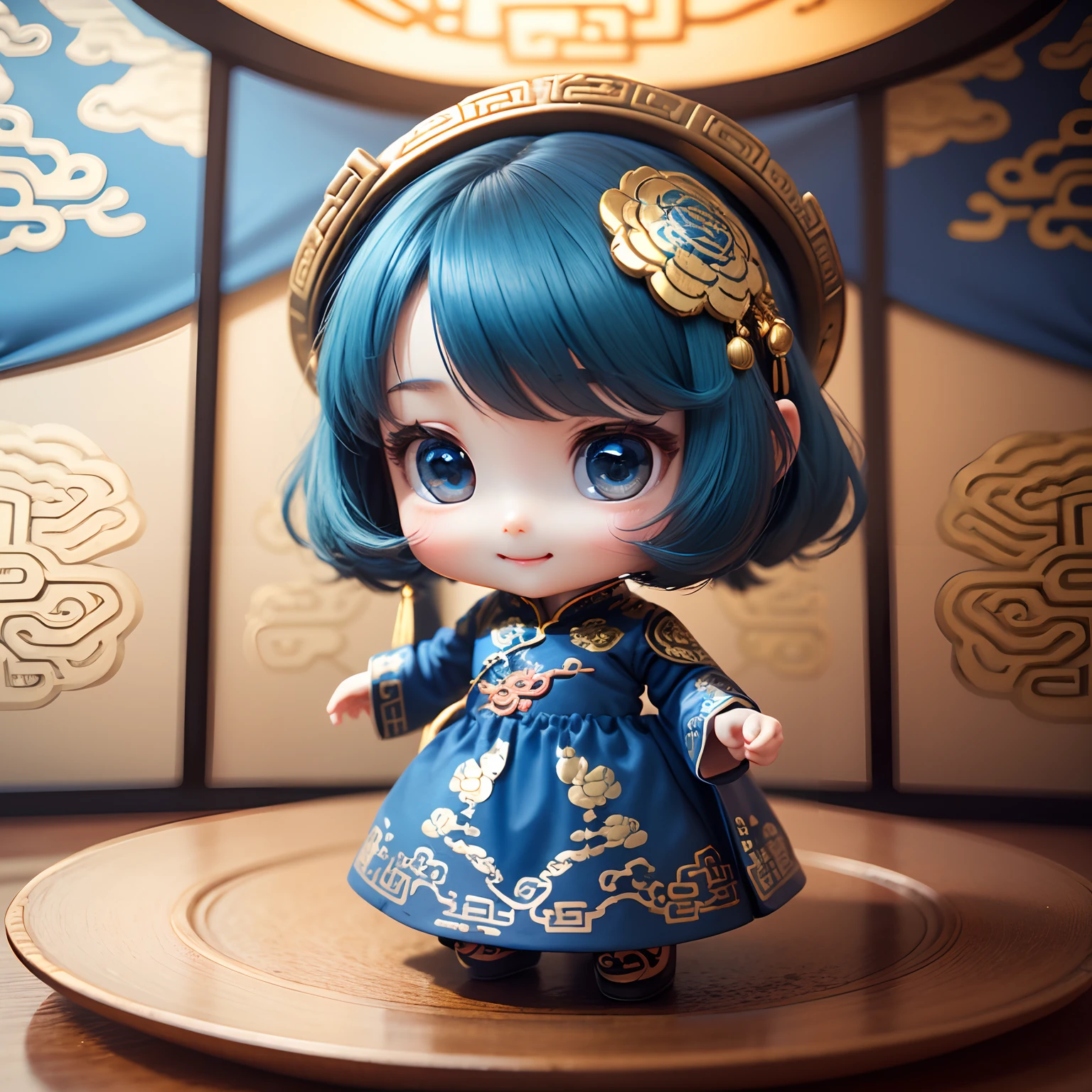 Cute  Chibi Anime、(((Chibi 3D))) (Best Quality), (masutepiece)、Chibihime、Open your mouth and smile、a small face、petibody、Dark green hair color、(Blue Chinoiserie dress:1.7)、Blue pin heel with ribbon、Standing、Fairytale autumn forest