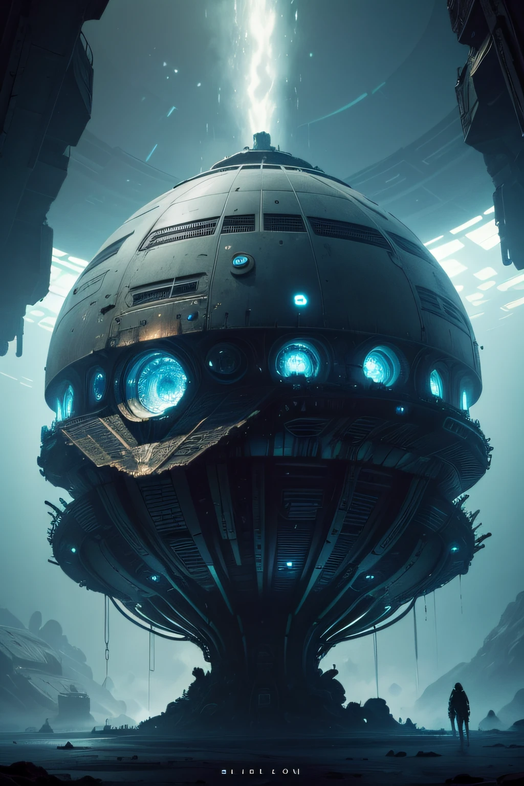 a giant space mothership in the alien versus predator style, very realistic with slimy details and futuristic structure.