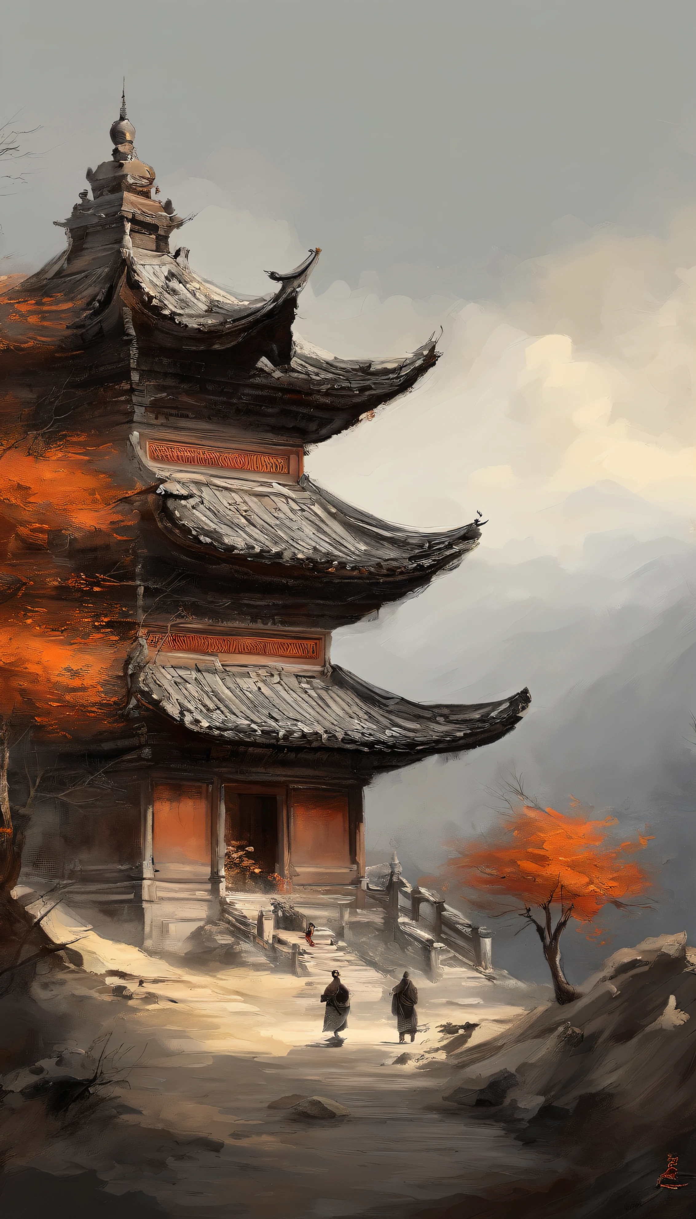 Temple pittoresque de style dynastie Han，Monks meditate in front of the temple（Clivage en gros plan），meditate，zazen，A meditation（Peinture de paysage chinoise），（ink and watercolor painting），（8k wallpaper），（Light and shadow effect），rendu par octane，Conception de balance des blancs，Highly detailed image representation，Grands angles，profondeur de champs，tmasterpiece，Realstic，Beautifully represented，Un，acurate，Works by masters，tmasterpiece, shadow of a ninja in the roof, realistic ninja