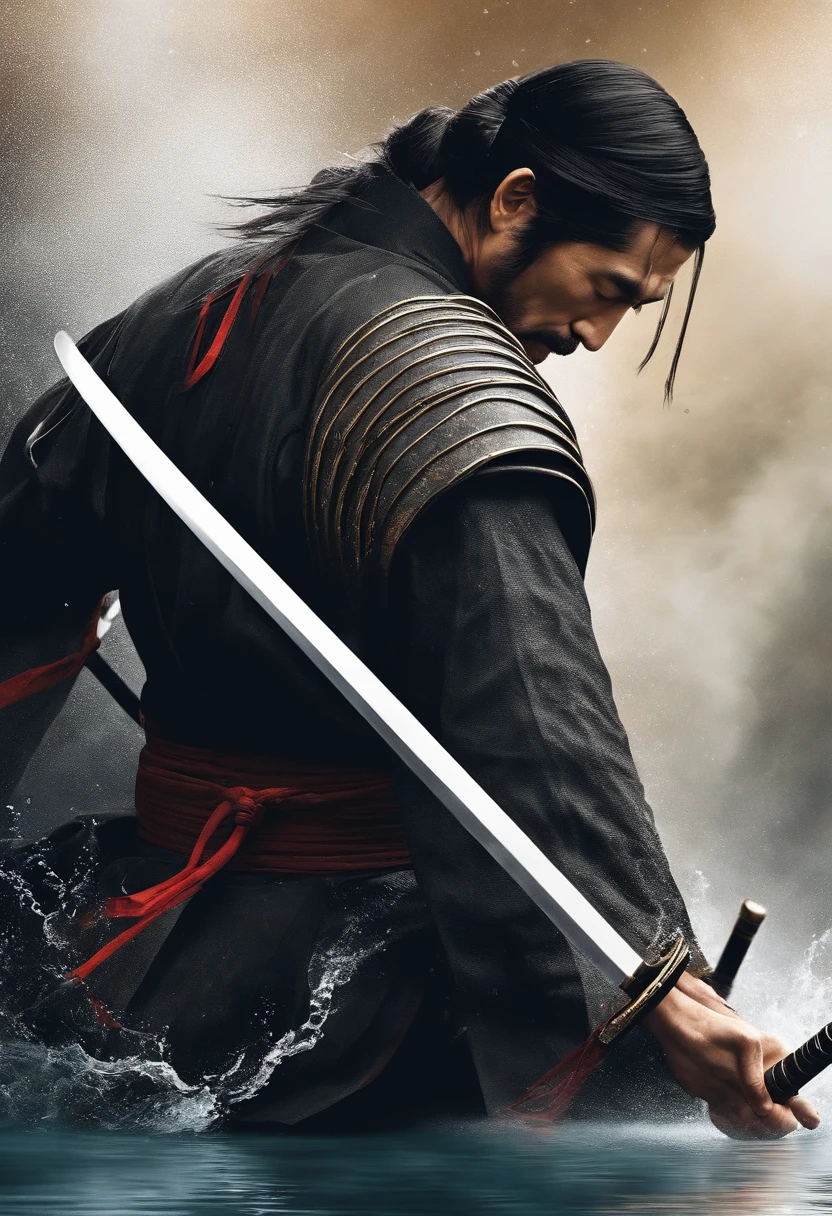 Close-up of an abstract samurai only in lines cutting water with his katana,homem adulto bonito, flowing like water,Mestre com a Espada,Samurai com quimono preto,Espada, graphic art,alta qualidade,highes definition,obra prima,Qualidade de desenho profissional,cores definidas,linhas grossas,