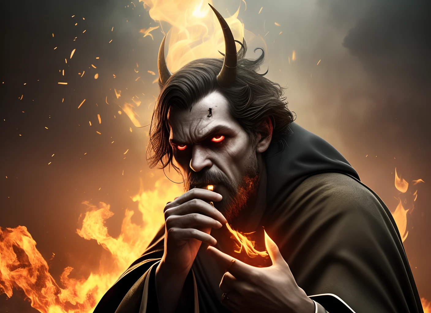 Describe a scene depicting a young mage, aged between 30 and 35, wearing a charred and weathered black robe. He has slicked-back black hair and deep black eyes that convey a dark and blasphemous aura. Bright red tattoos on his hands stand out, pulsating with sinister energy. The mage stands at the center of a glowing golden circle of transmutation that radiates intense light, cutting through the low-saturation environment. In the background, he is situated within the ruins of an ancient god with horns, now in decay and decadence. The mage's face reflects weariness and despair as he holds a lit cigarette in his mouth, leaving a trail of dark smoke in the air. The scene is stained with blood, as if something terrible has occurred there. The combination of dark elements, golden glows, and low saturation creates a unique and unsettling atmosphere in this image --auto --s2
