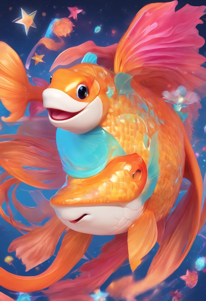 Stars shine,Colorful,Huge goldfish float over the city,Huge tail,Cute and cute,KIDS ILLUSTRATION,Glow effects,Dingdall effect,depth of fields,high light,Real light,Ray traching,oc rendered,Hyper-realistic,best qualtiy,8K,Works of masters,super-fine,Detailed pubic hair,Correct anatomy