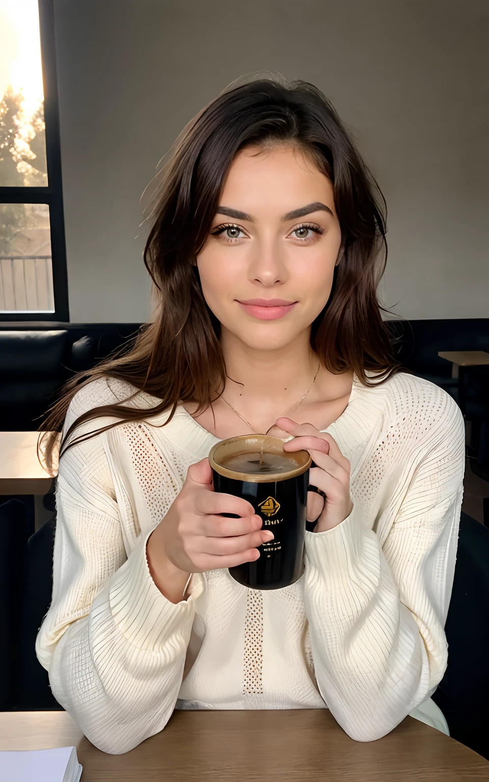 Cute beautiful blonde with yellow sweater (Drinking coffee in a modern café at sunset), muy detallado, 14 year old, Cara inocente, cabello naturalmente ondulado, ojos azules, high resolusion, Obra maestra, Mejor calidad, Detalles intrincados, muy detallado, foco nítido, Piel detallada, Texturaa de piel realista, Textura, Ojos detallados, Profesional, 4k, sonrisa encantadora, tomada con Canon, 85 mm, Profundidad de campo de la luz, Kodak Vision Color, Cuerpo perfectamente ajustado, Extremadamente detallado, Cinematographer_\(ultra\), fotorrealista, realista, Postproceso, maximum details, Aspereza, vida real, ultrarrealista, Cinematographerrrealismo, Cinematographergrafía, 8k UHD, Cinematographergrafía