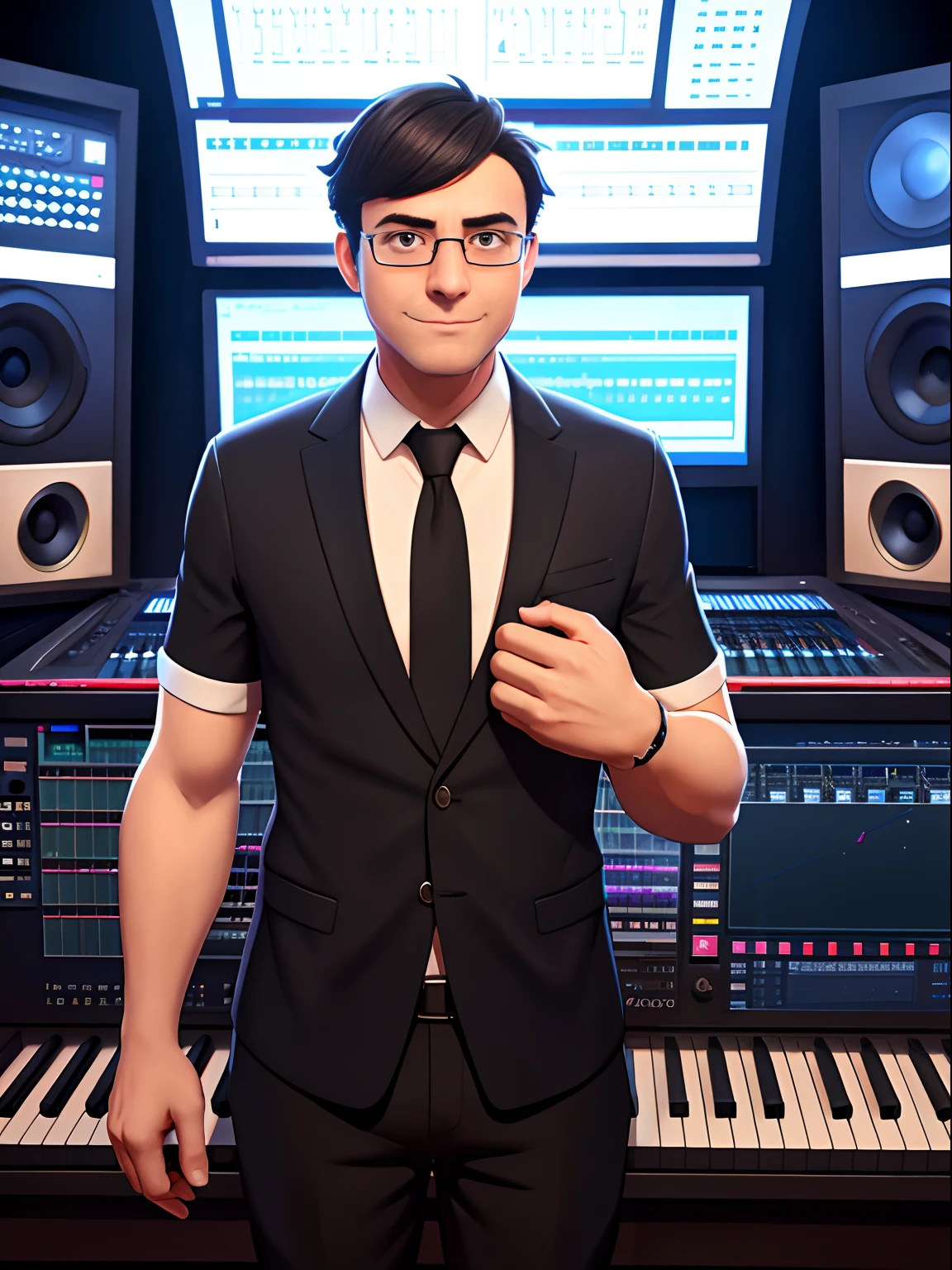 middle aged male, short black hair, kind eyes, glasses, half body, music studio background, absurdres, high res, ultrasharp, 8K, masterpiece, looking at viewer