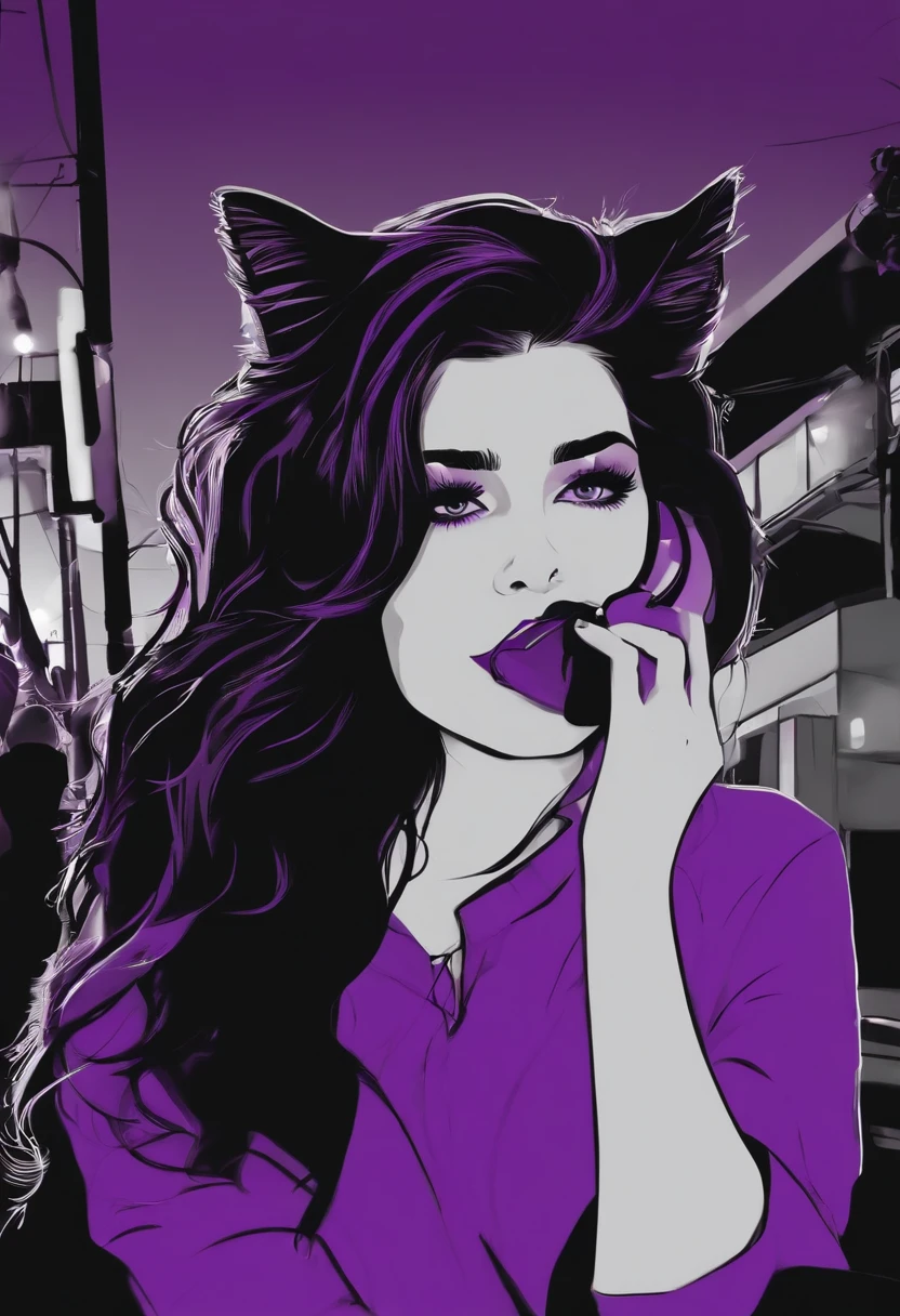 Fundo roxo com uma silhueta de uma mulher segurando um telefone celular, linda, filtro roxo, Mulher do gato, darkwave goth aesthetic, tons roxos escuros, girl screamin yolo - aesthetic, gato preto tirando uma selfie, silhueta de uma e seu gato, as paredes roxas e pulsantes, roxo - colorido, roxo e preto, silhueta!!! Sexy