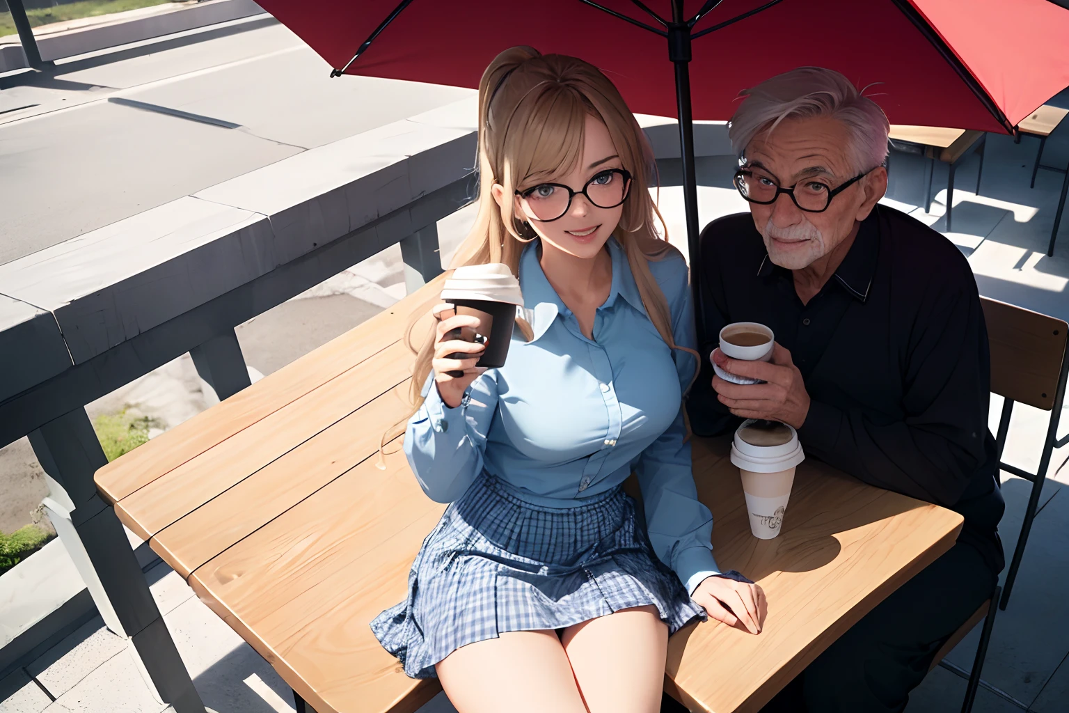 NSFW, (masterpiece, best quality:1.4), (shiny skin), anatomically correct, delicated drawn hands and fingers, Cinematic lighting, physically-based rendering, award-winning, extremely detailed skin, extra detailed face, eyes with beautiful details, Carl Zeiss 85 mm F/1.4, BREAK, (((1 old man and 1 girl, couple, drinking coffee at the cafeteria))), Cute 16-year-old schoolgirl, (glossy blonde hair, high ponytail, bangs, blue eyes, glasses), medium breasts with cleavage, white collared shirt, (Gingham Check Skirt, bare thighs:1.3), navy socks, loafers, ((grin)), BREAK, (an old man is wearing collared shirt and trouser, sitting next to a girl:1.3), BREAK, in the cafeteria, outdoor, (under the parasols, coffee cup on the table), daytime, Dutch angle, view from above,