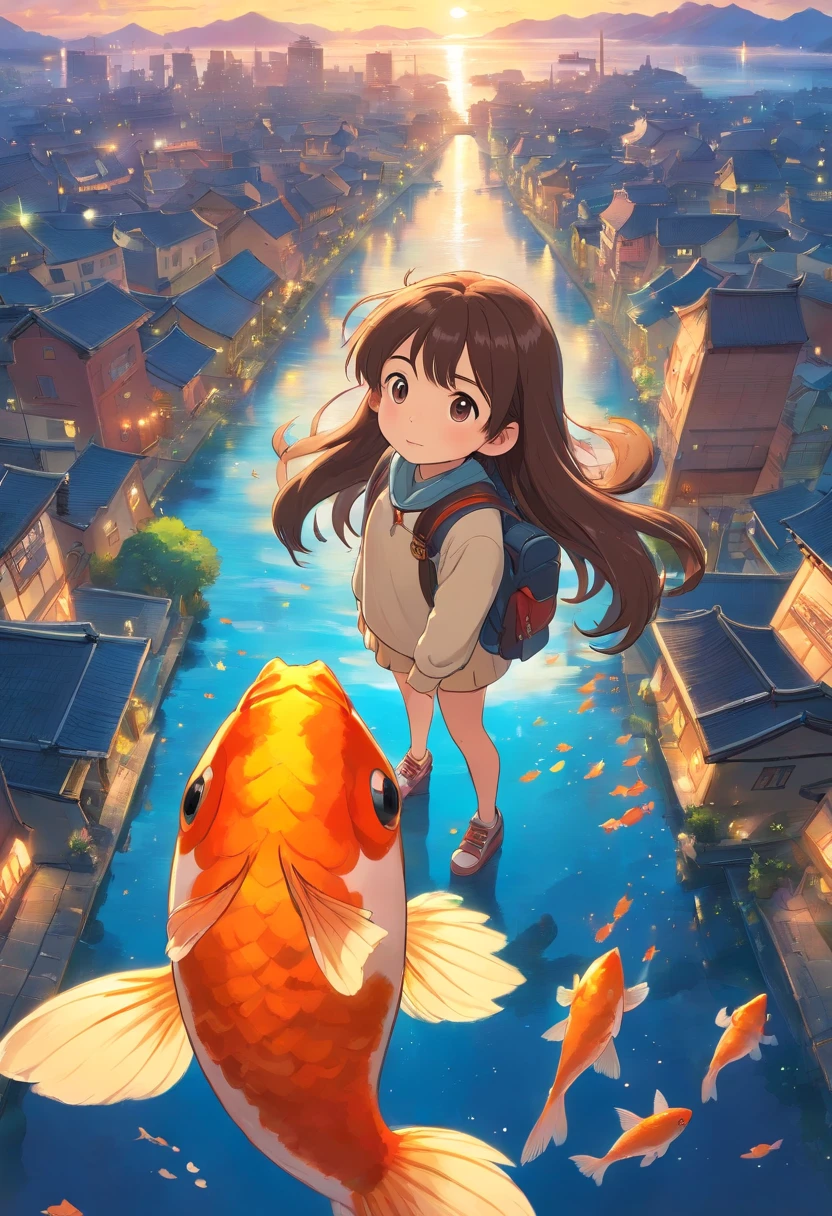 Stars shine,Colorful,Huge goldfish float over the city,Huge tail,Cute and cute,KIDS ILLUSTRATION,Glow effects,Dingdall effect,depth of fields,high light,Real light,Ray traching,oc rendered,Hyper-realistic,best qualtiy,8K,Works of masters,super-fine,Detailed pubic hair,Correct anatomy